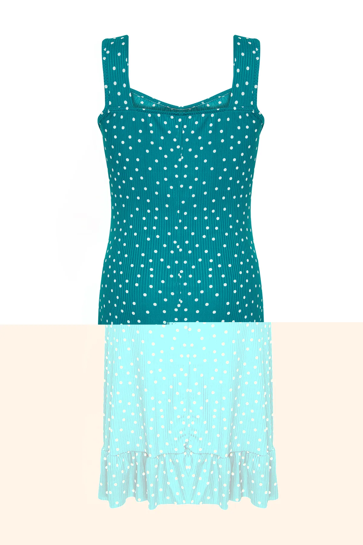 Trendyol Curve  Petrolfarbenes, gepunktetes Mini-Strickkleid mit quadratischem Kragen und Volants in A-Linie TBBSS24AH00127