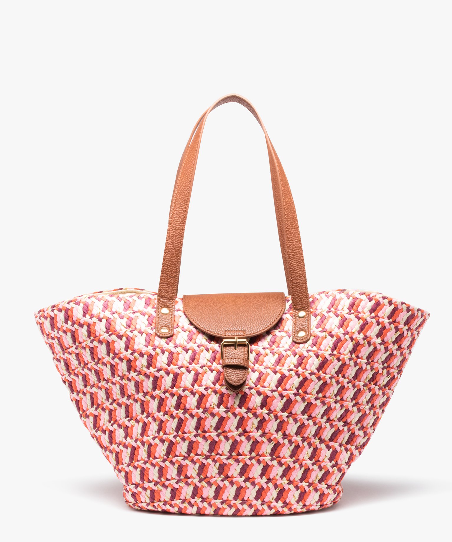 Sac cabas femme en paille multicolore et pailletée rose | GEMO