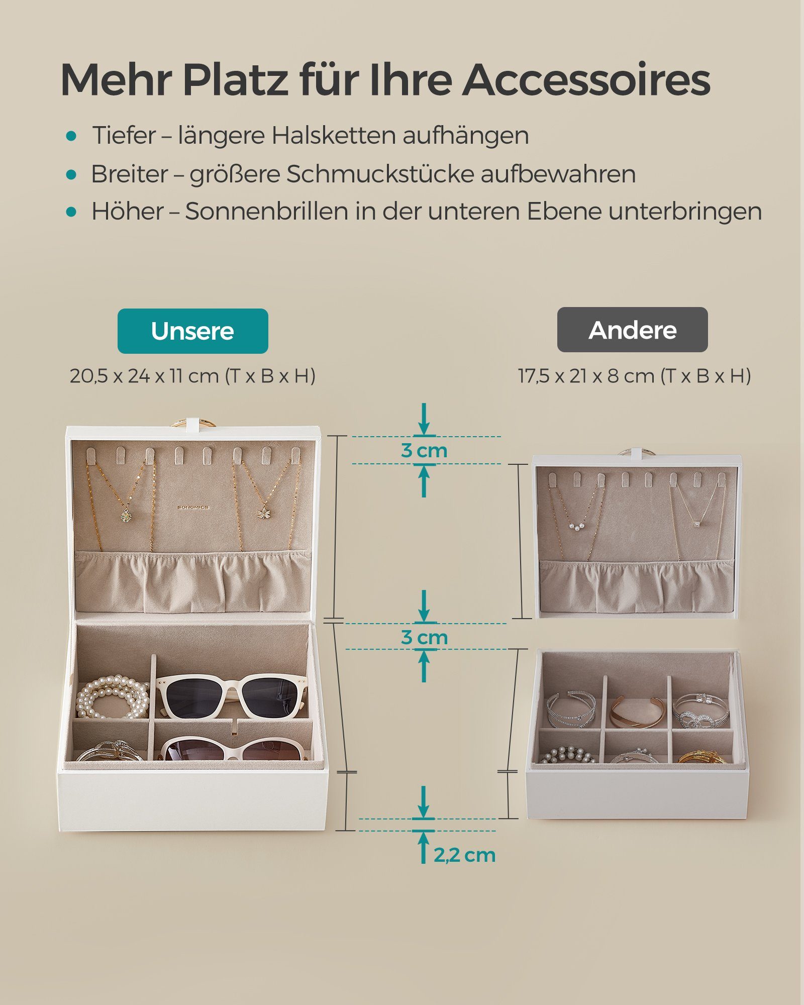 SONGMICS Schmuckkasten, 2 Ebenen, Schmuckkasten mit Griff, Schmuckbox