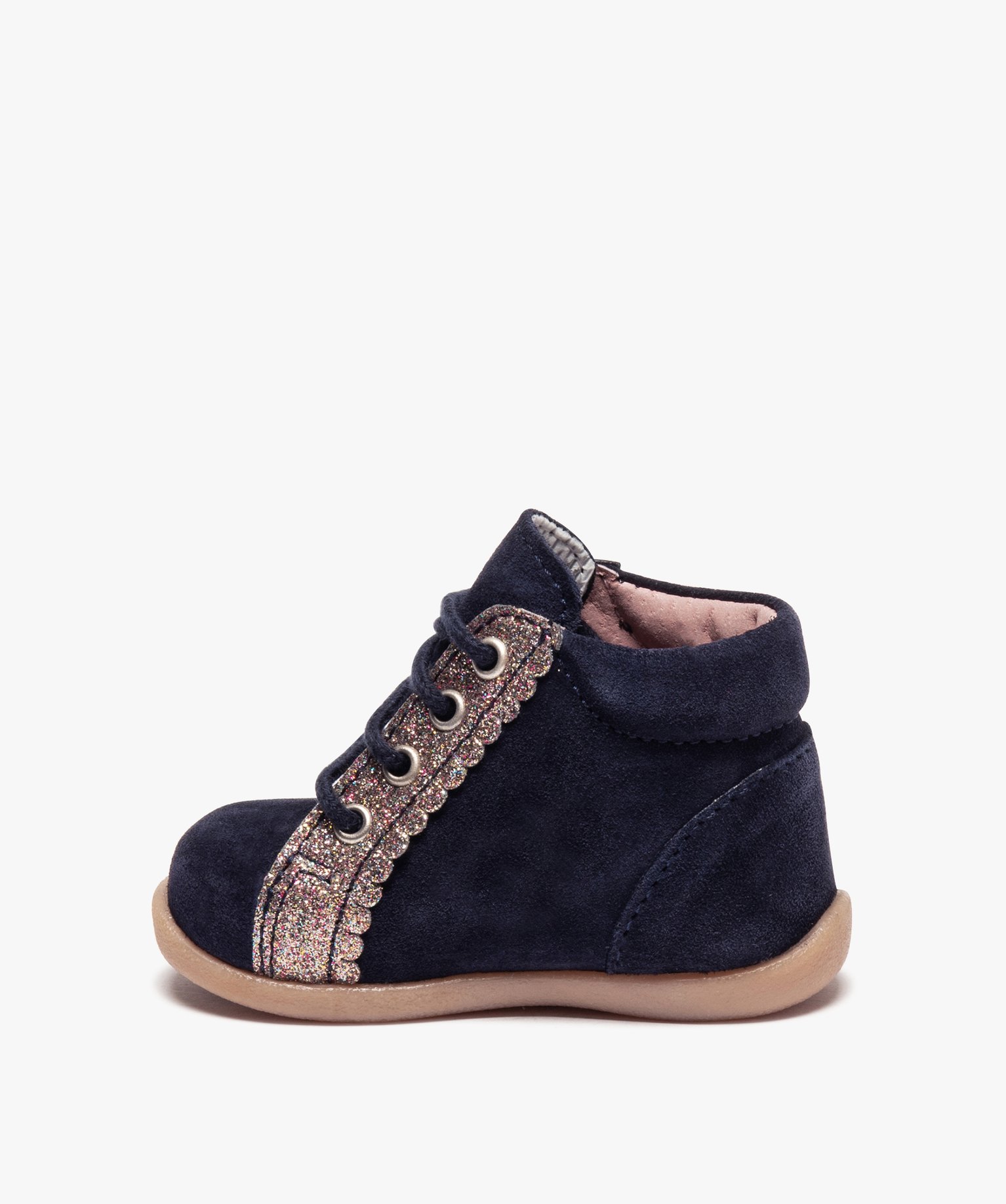Bottillons premiers pas fille en cuir suédé et paillettes marine | GEMO