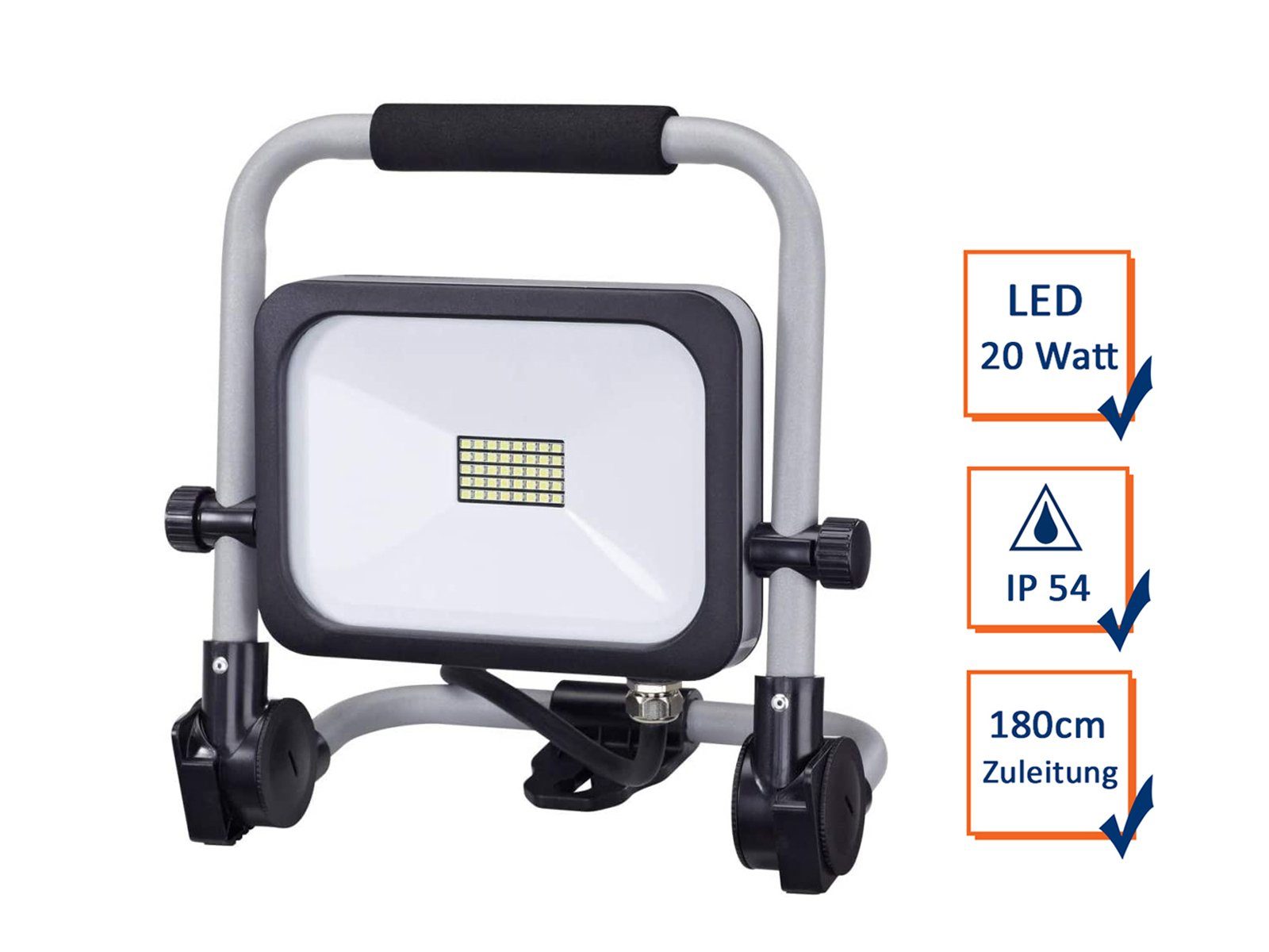 REV Baustrahler, LED fest integriert, Tageslichtweiß, LED Werkstattlampe, Arbeitslampe Handlampe Bauleuchte IP 54, 20 Watt