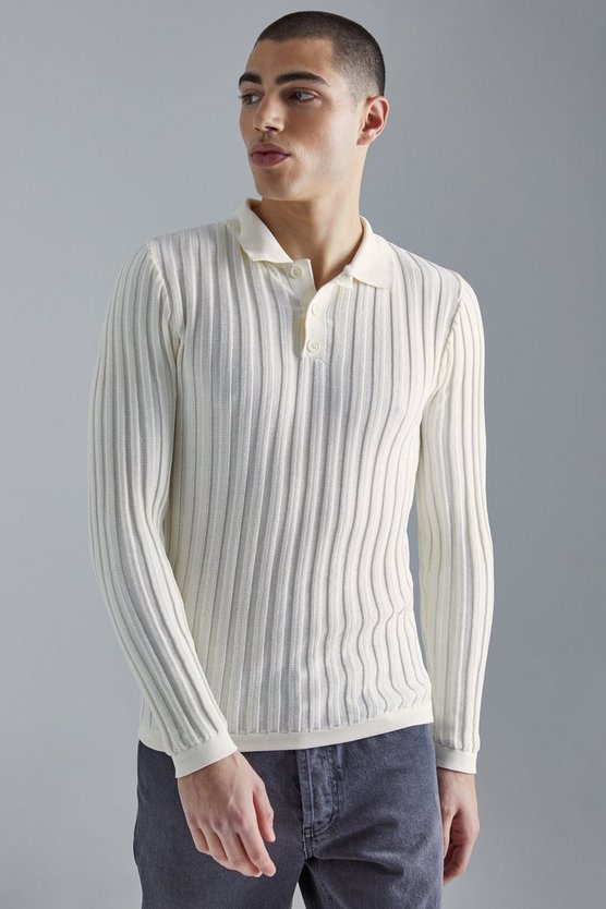 Langärmliges geripptes Muscle-Poloshirt