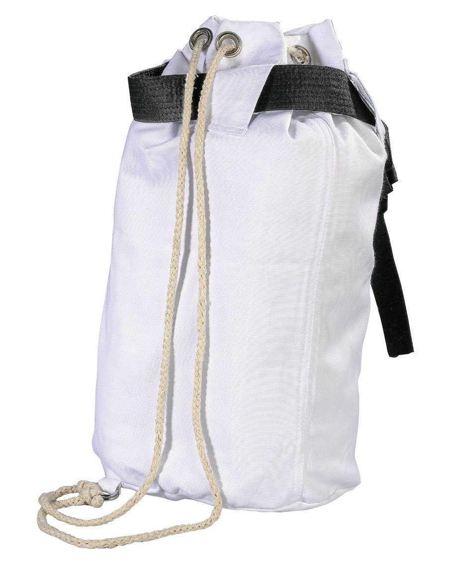 Danrho Sporttasche Judo Seesack Beutel Kinder Rucksack Turnbeutel (Baumwolle, Kordelzug Schnellverschluß), schwarz oder weiss, Budogürtel Optik