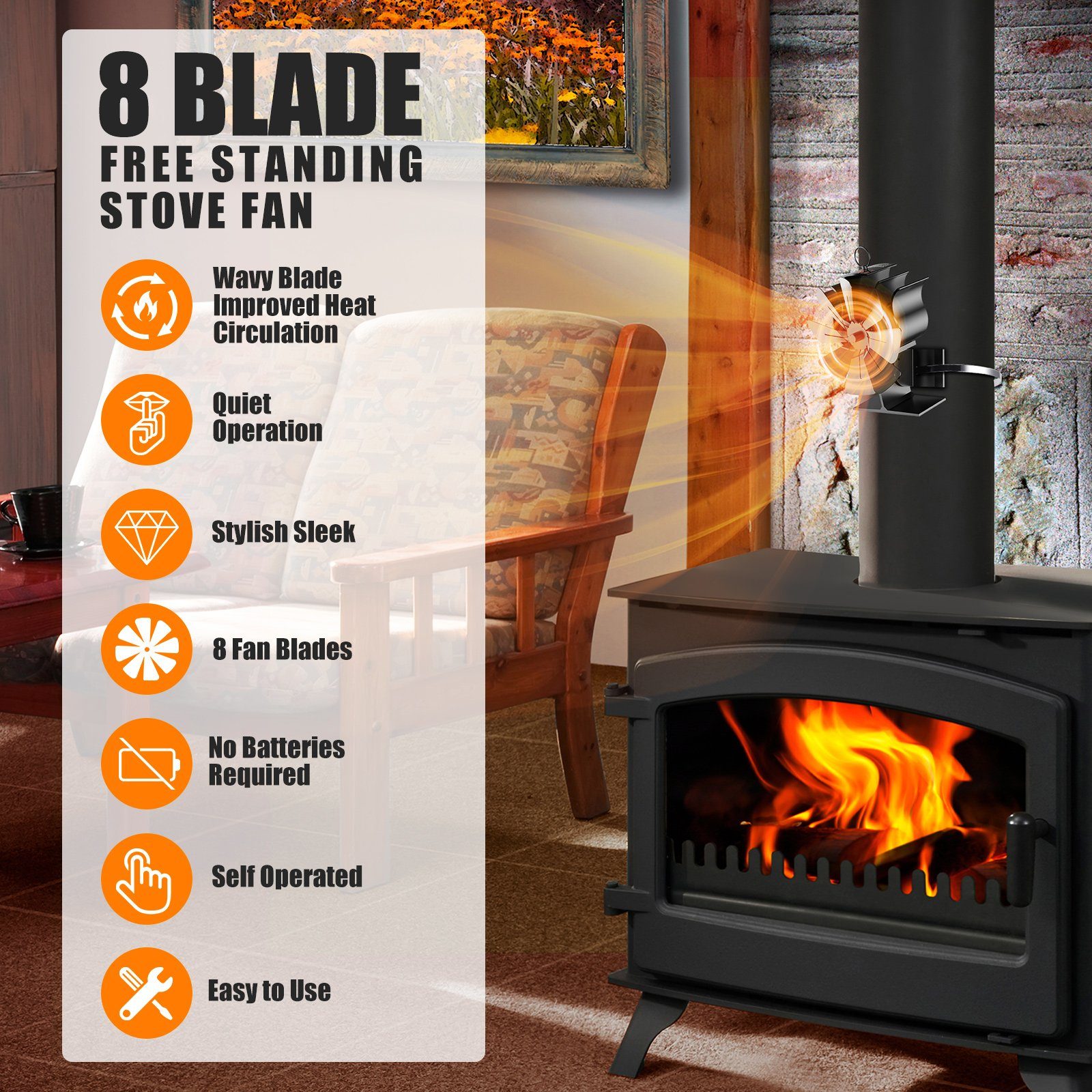 BlingBin Kaminventilator 8 Flügel Ofenventilator Ohne Strom, Kaminofen Ventilator für Holzofen, für Kaminofen Ofen Ventilator Ofenrohr Rauchsauger Holzofen-Ventilator