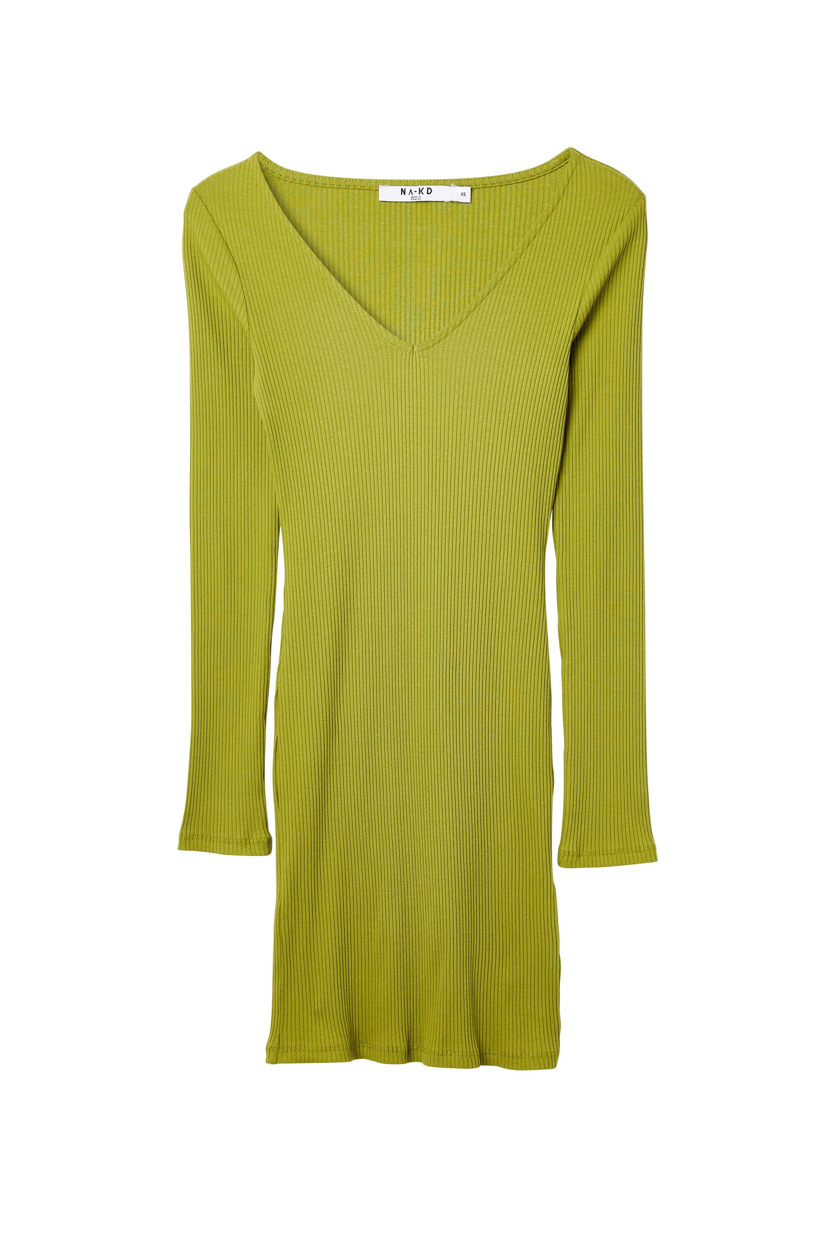 Geripptes Minikleid mit langen Ärmeln und V-Ausschnitt