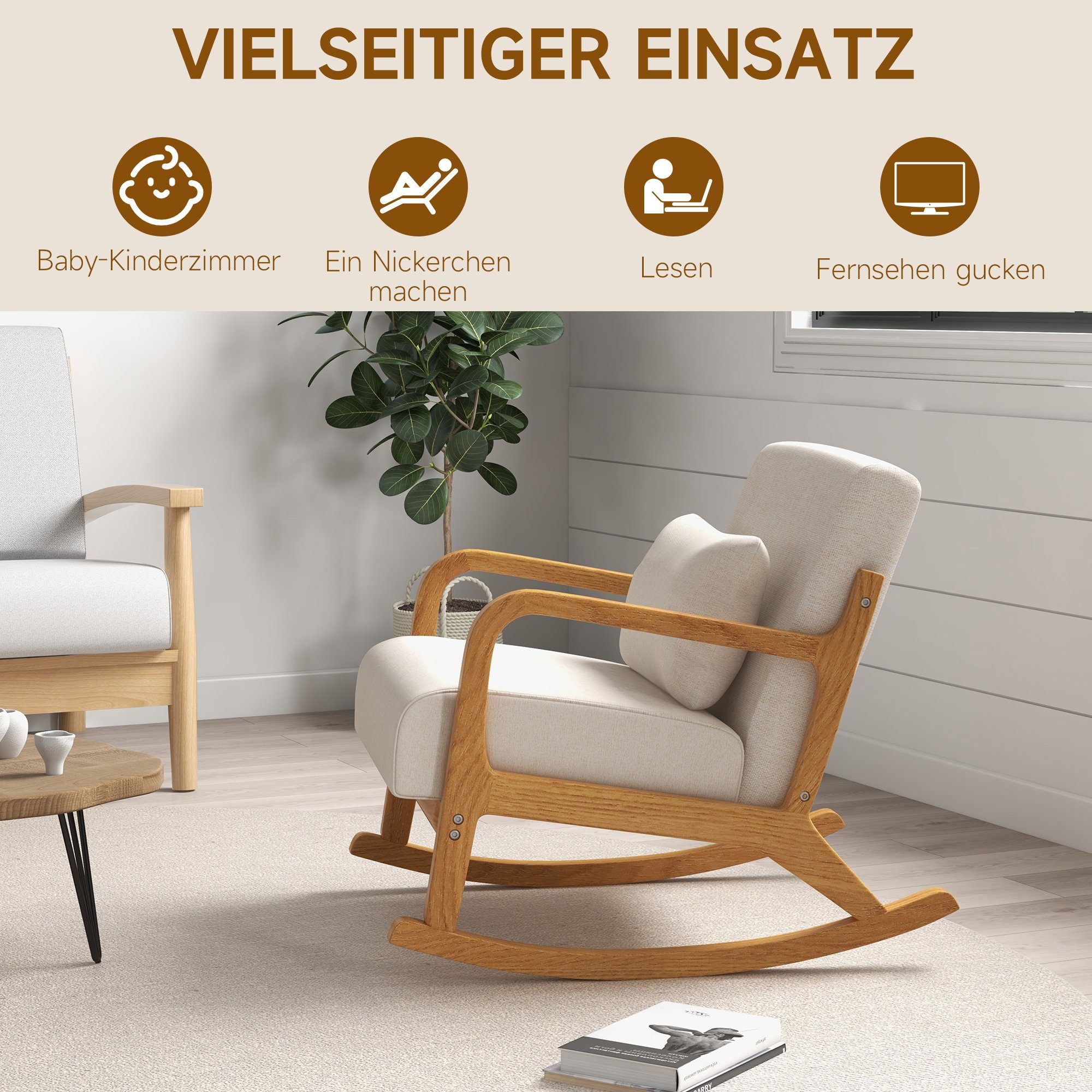 HOMCOM Schaukelstuhl Schwingsessel Relaxsessel mit weicher Polsterung (Schaukelsessel, 1 St), für Schlafzimmer, Wohnzimmer, Creme