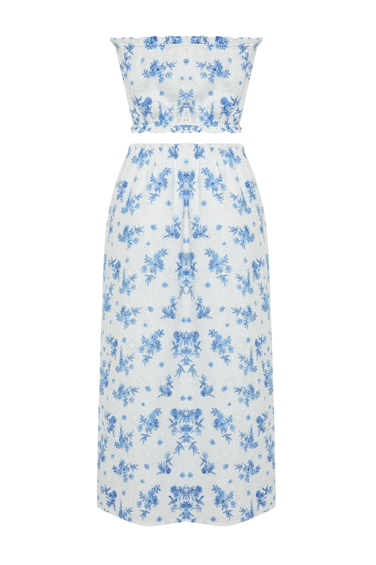 Trendyol Collection  Midi-Bluse mit gewebten Rüschen und Stickereien, 100 % Baumwolle, mit Blumenmuster, Rockanzug TBESS24AU00056