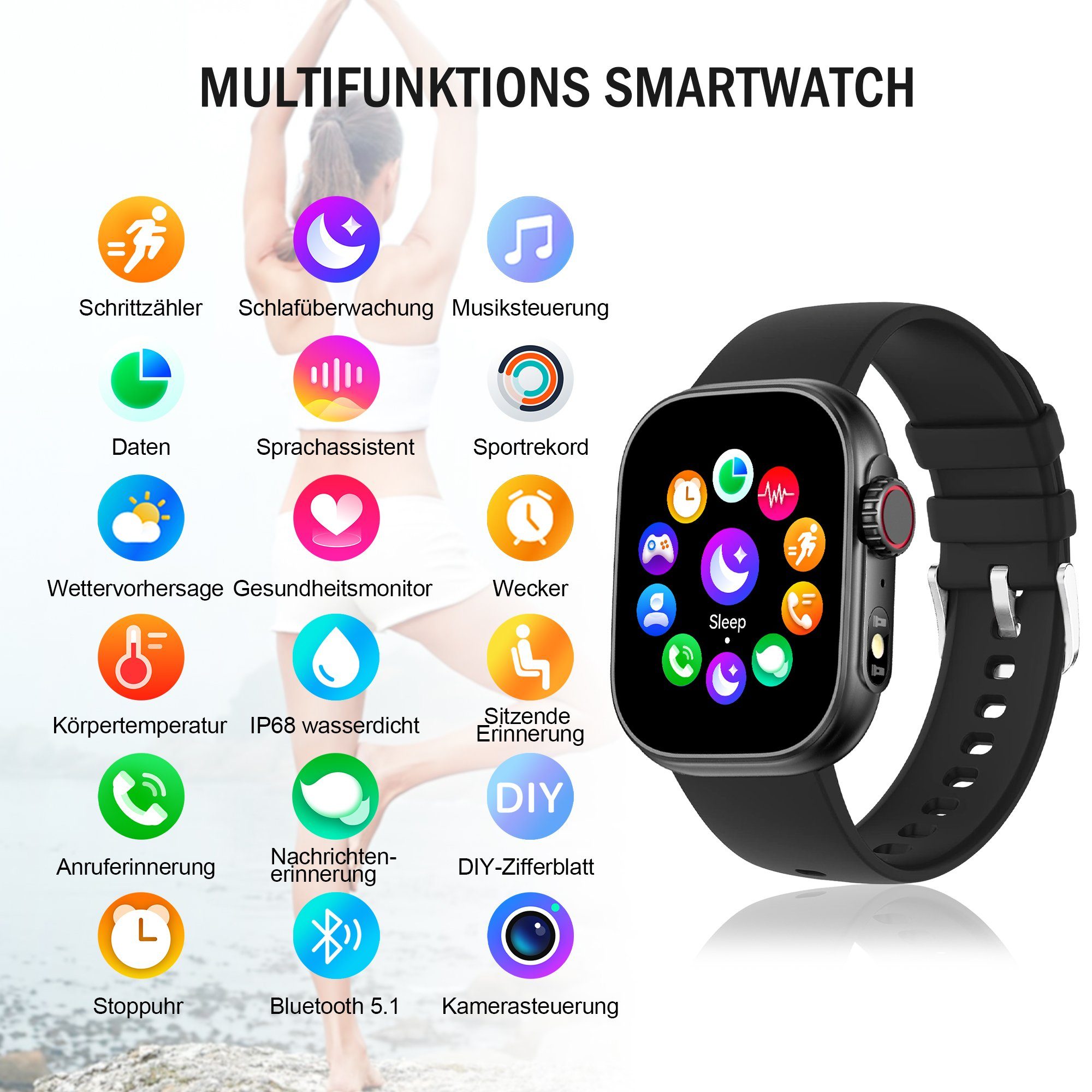 Mutoy Smartwatch, Damen Herren Smartwatch, Fitness Tracker Uhr Smartwatch (Fitnessuhr mit Telefonfunktion 2,01