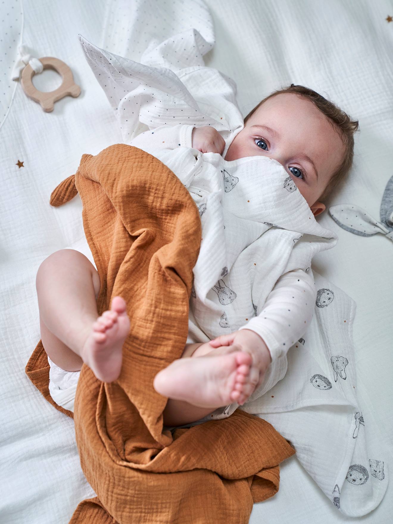Vertbaudet Bio-Kollektion: 3er-Pack Baby Wickeltücher KLEINE FREUNDE - wollweiß/karamell