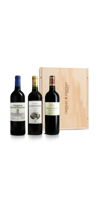 Bordeaux Coffret - Bordeaux à moins 50€ (3 bt) Tour de Marbuzet 2018, Saint-Estèphe - Maucaillou Haut Médoc 2017, Haut-Médoc - Château Lanessan 2014, Haut-Médoc