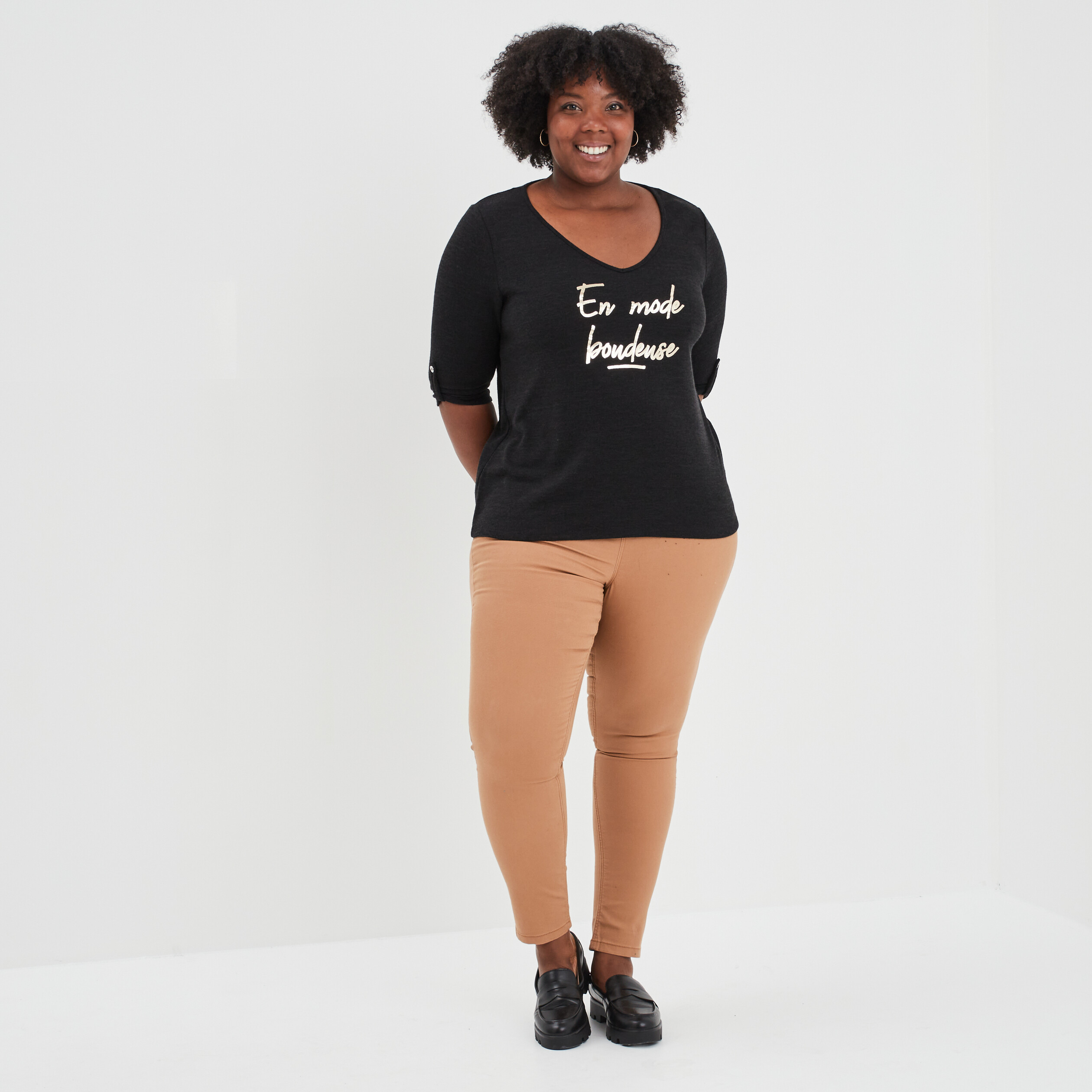 Pull col en V manches 3 4 noir femme grande taille | La Halle