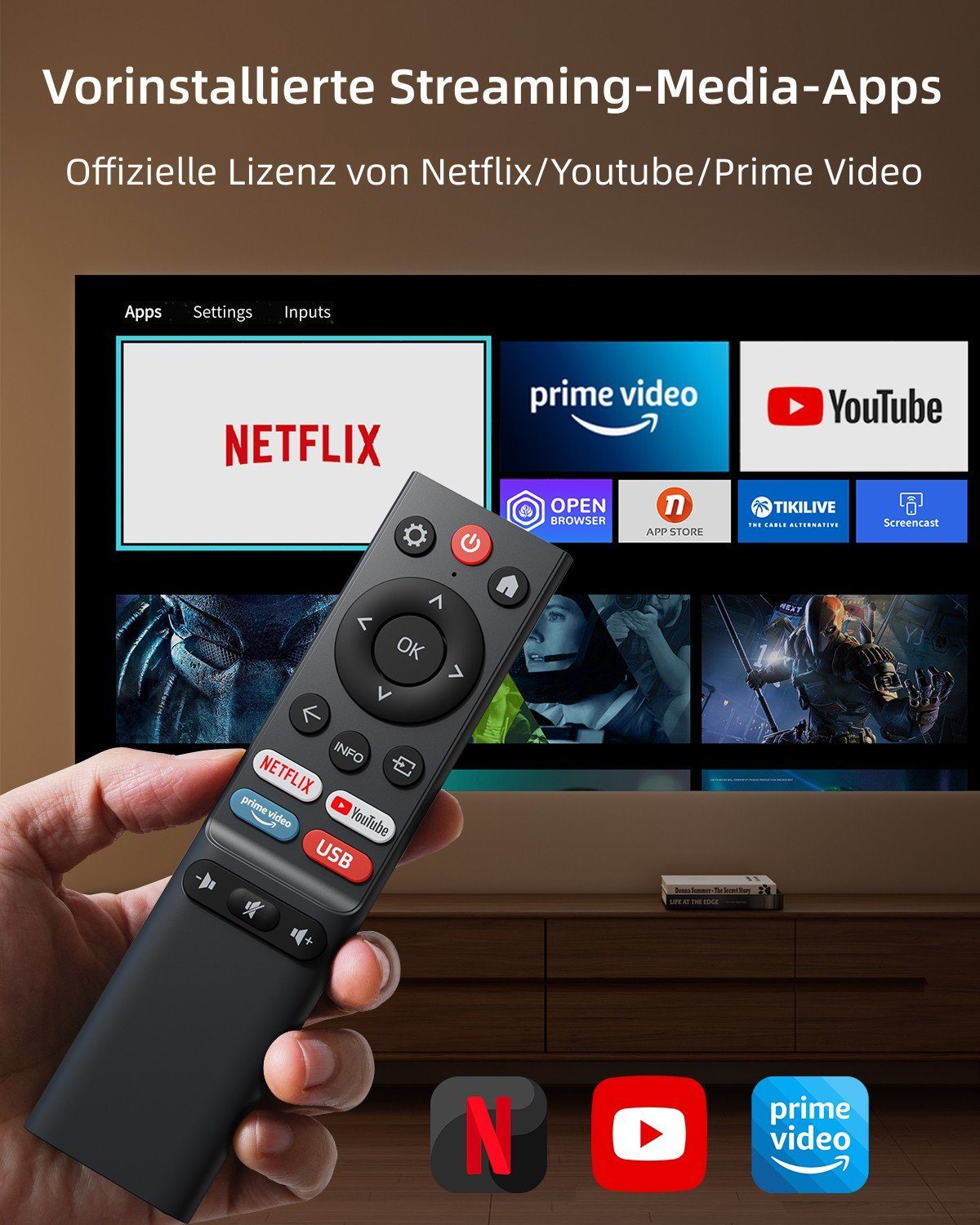 Yoton 450ANSI-Lumen, 1920x1080 px, 5G Beamer (Wird mit Netflix/Prime Video/YouTube-Software geliefert, Dolby-Sound)