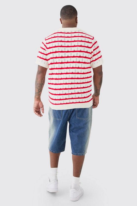 Plus kurzärmliges gehäkeltes Poloshirt mit Streifen