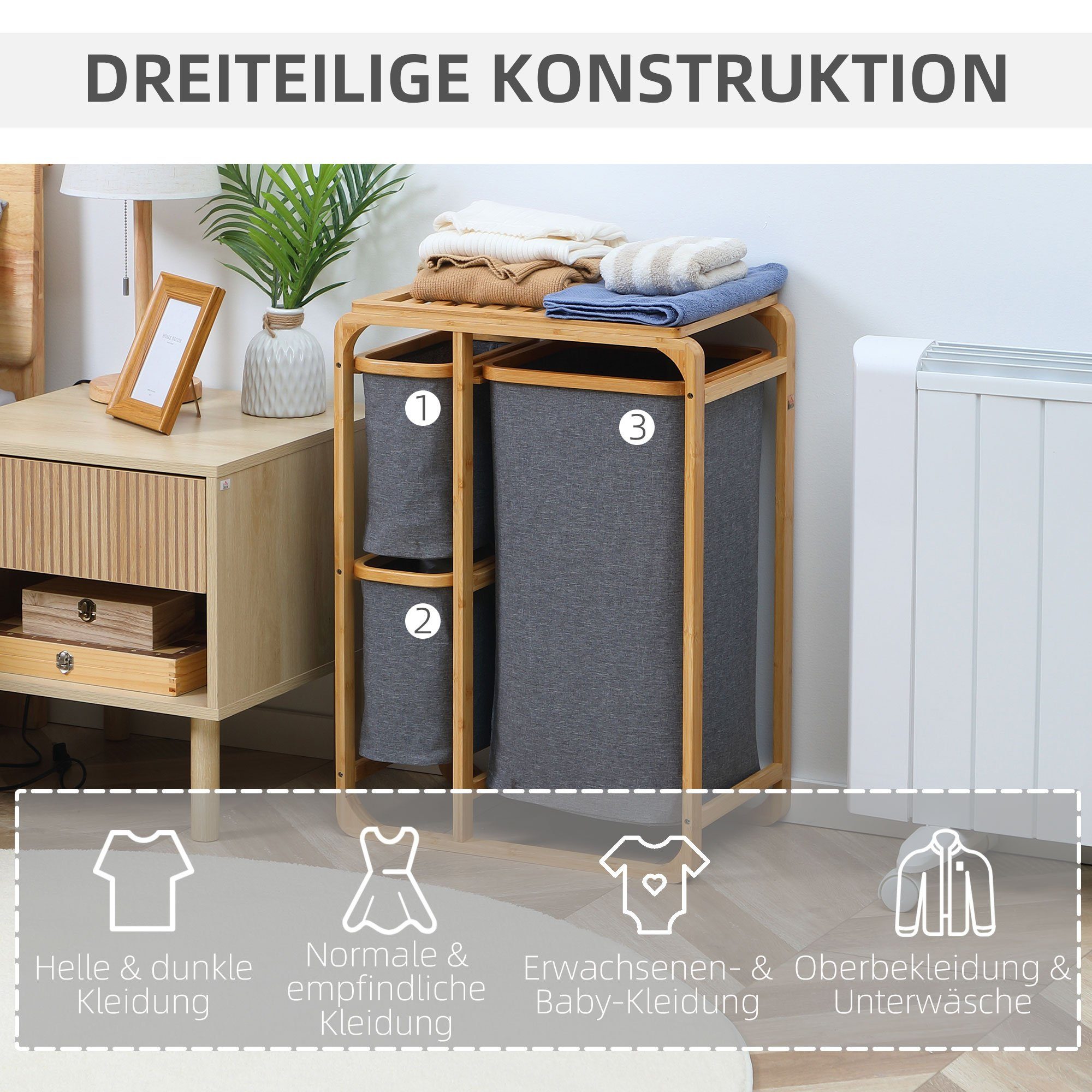 HOMCOM Wäschekorb Wäschebox (Set, 1 St., 1 x Wäschekorb), mit 3 abnehmbaren Wäschesacke