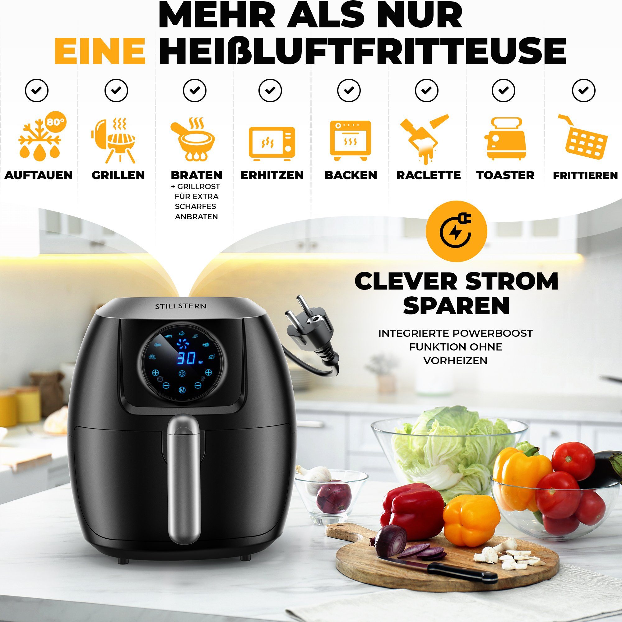 Stillstern Heißluftfritteuse FryHD 3G XL, 5L, 7 Automatikprogramme, LED-Display, 120 Rezepte, Heißluftfritteuse, Schwarz