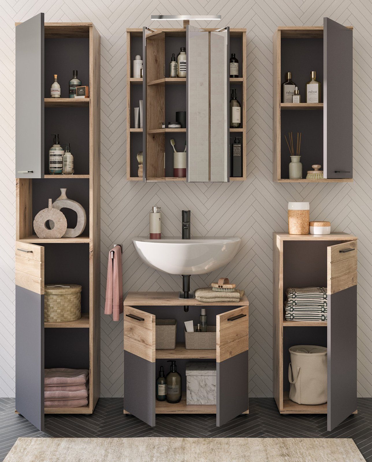 xonox.home Badmöbel-Set Mason, (Set 5-teilig, grau und Eiche), mit Soft-Close