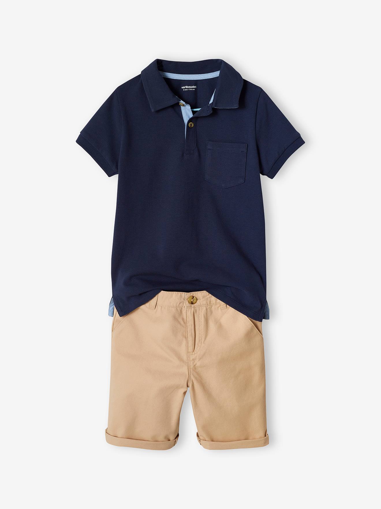 Ensemble polo maille piquée et bermuda garçon bleu ciel
