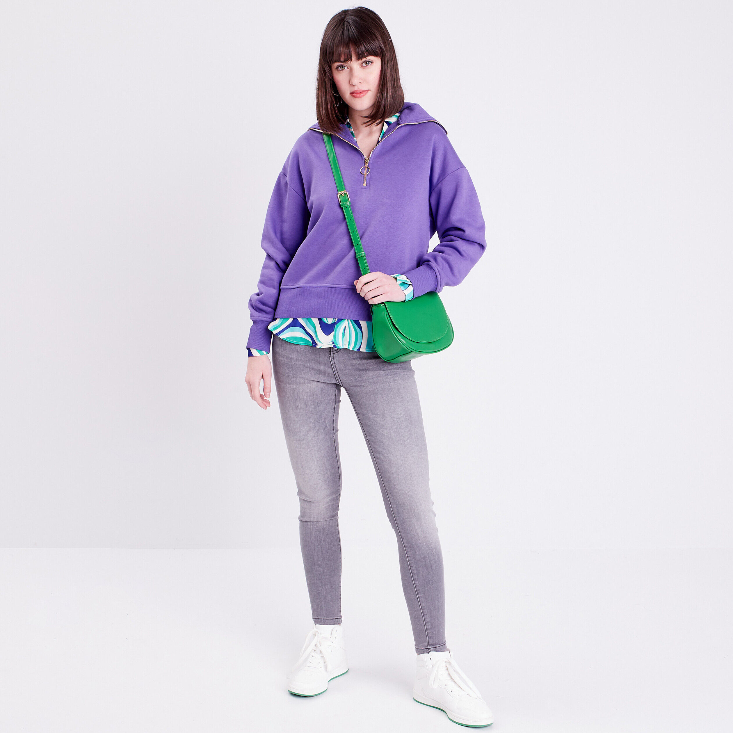 Sweat à col montant avec zip violet foncé femme | Cache Cache