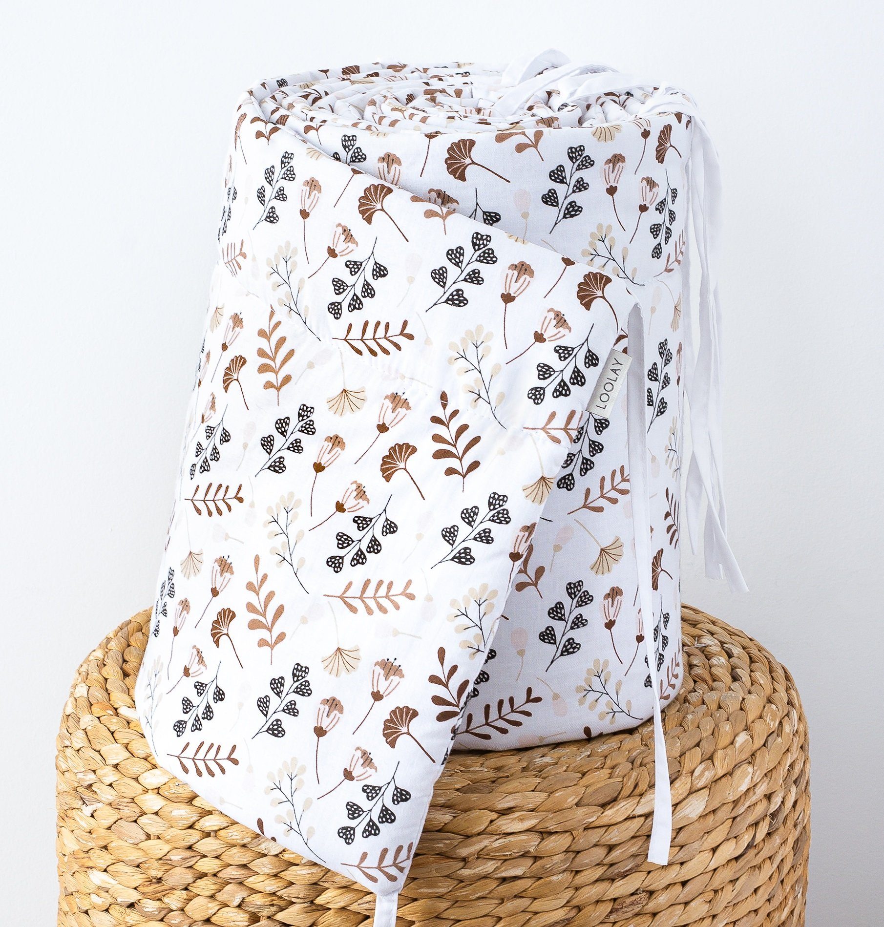 Loolay Bettnestchen PREMIERE! Blumenwiese BRAUN Bettumrandung 420, 360, 210, 180 x 30cm, (Babynestchen Bettsprossen Kopfschutz Baby Blumen Wiese BABYNEST, 100% Baumwolle Babybett Bettschutzgitter Umrandung), LOOLAY® - 100% Europäische Stoffe und Klei