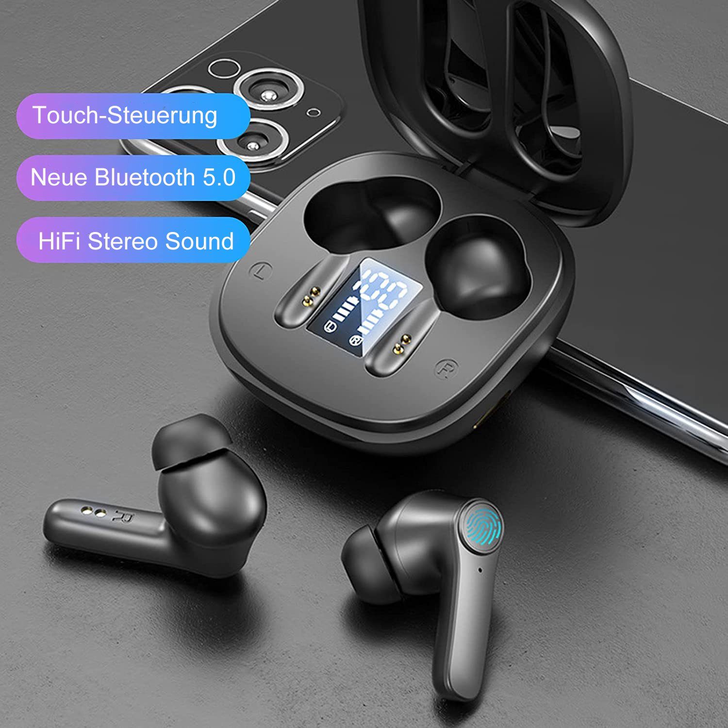 Mutoy True Wireless Bluetooth 5.0, Bluetooth Kopfhörer Wasserdicht IPX6 In-Ear-Kopfhörer (Voice Assistant, Bluetooth, Steuerung für Anrufe und Musik,LED Ladestandsanzeige,True Wireless)
