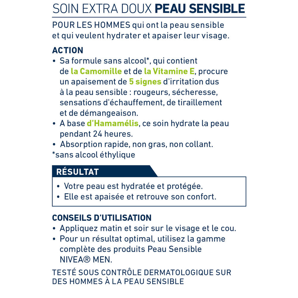 nivea SENSITIVE - Soin hydratant 24H 0% Alcool Camomille Crème soin visage homme