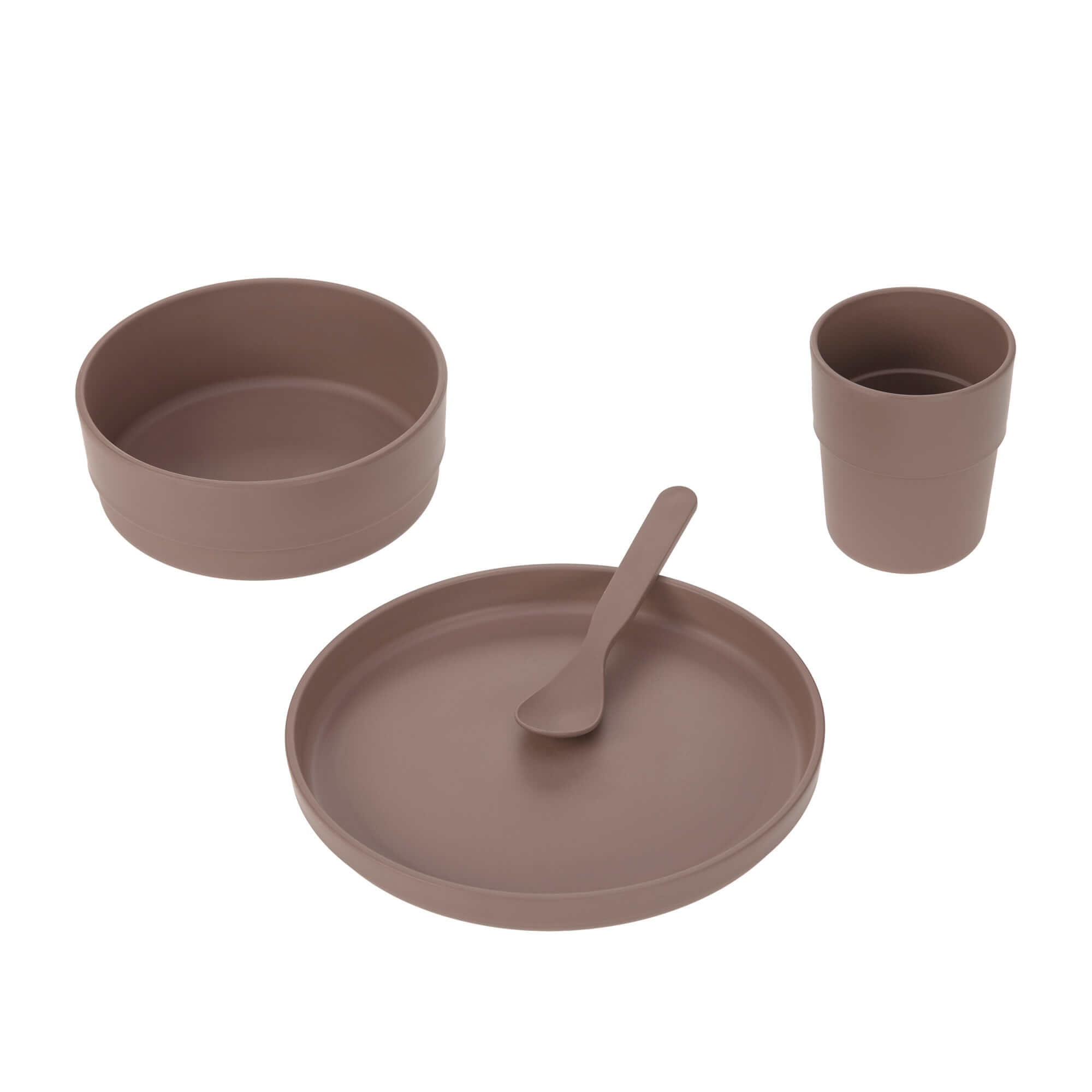 Kindergeschirr Set (Teller - Schüssel - Becher - Löffel), Uni Choco