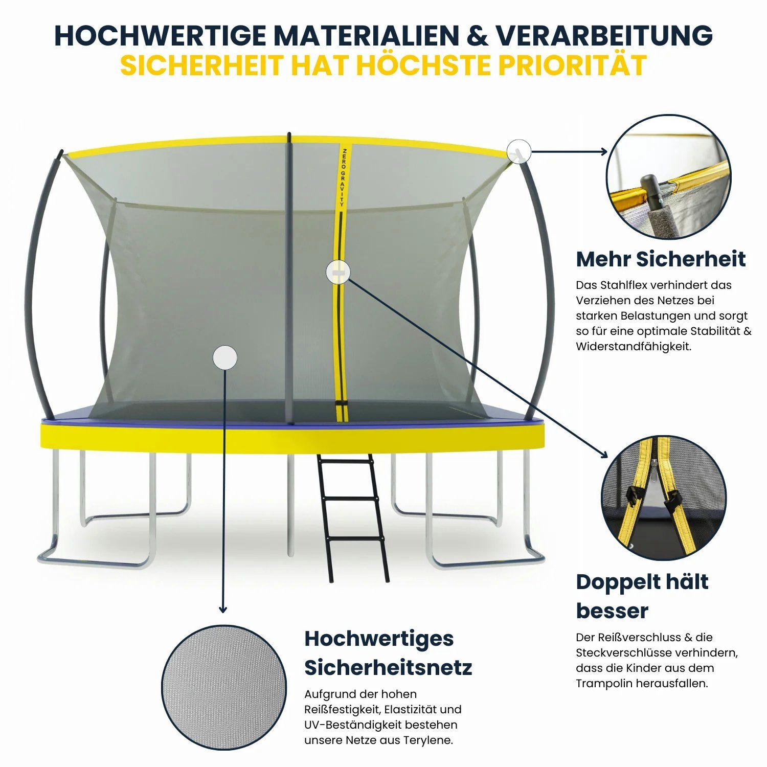 Zero Gravity Gartentrampolin oval/rechteckig, inkl. Leiter & Sicherheitsnetz, TÜV zert., 3 Größen:, 305 x 213 cm, 366 x 244 cm, 457 x 366 cm