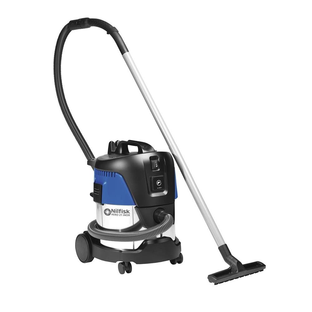 Nilfisk Nass-Trocken-Sauger AERO 21-21 PC INOX / 107406603, Nass-/Trockensauger, 1250 W, Push&Clean, Filterelement auswaschbar, Blasfunktion, 2,5m Saugschlauch, Werkzeugadapter mit Saugkraftregulierung, Gerätesteckdose mit Einschaltautomatik, Werksta