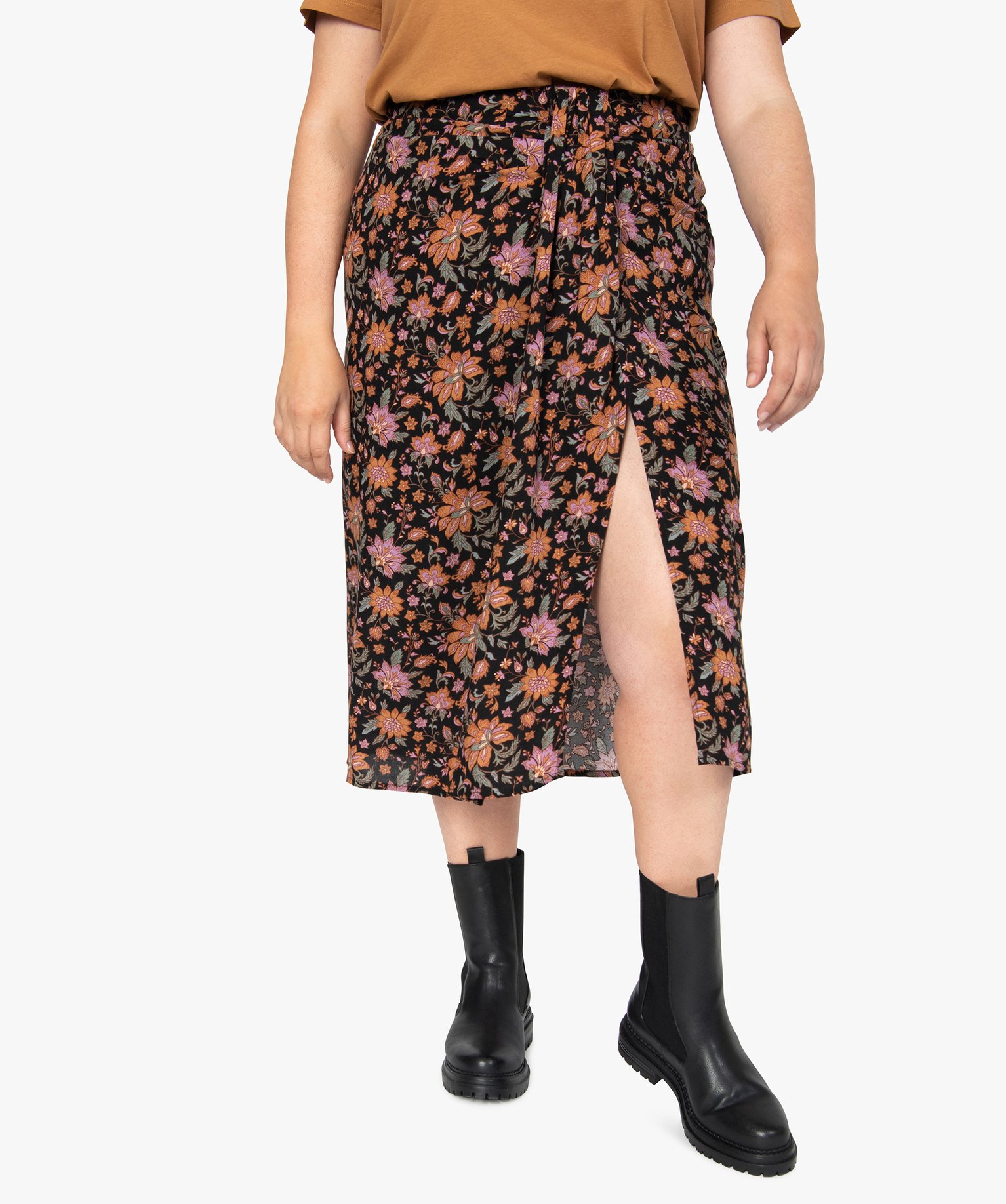 Jupe femme grande taille à motifs fleuris fendue sur l’avant | GEMO