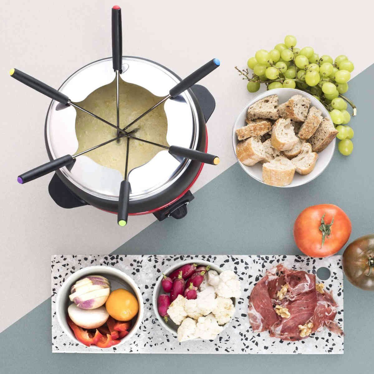 H.Koenig Raclette und Fondue-Set ALP1800 elektrisches Fondue-Set, schwarz-rot für 6 Personen, 800 W