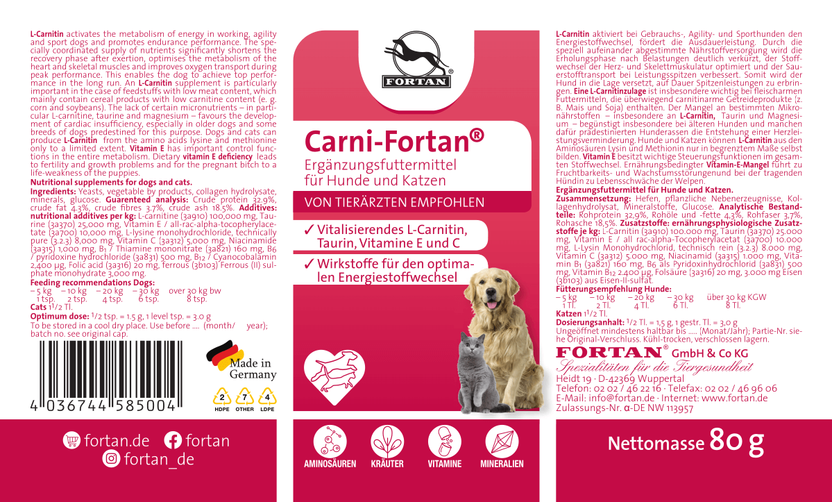 Fortan Ergänzungsfutter & Aufzucht Fortan Carni-Fortan Pulver mit L-Carnitin 80 g