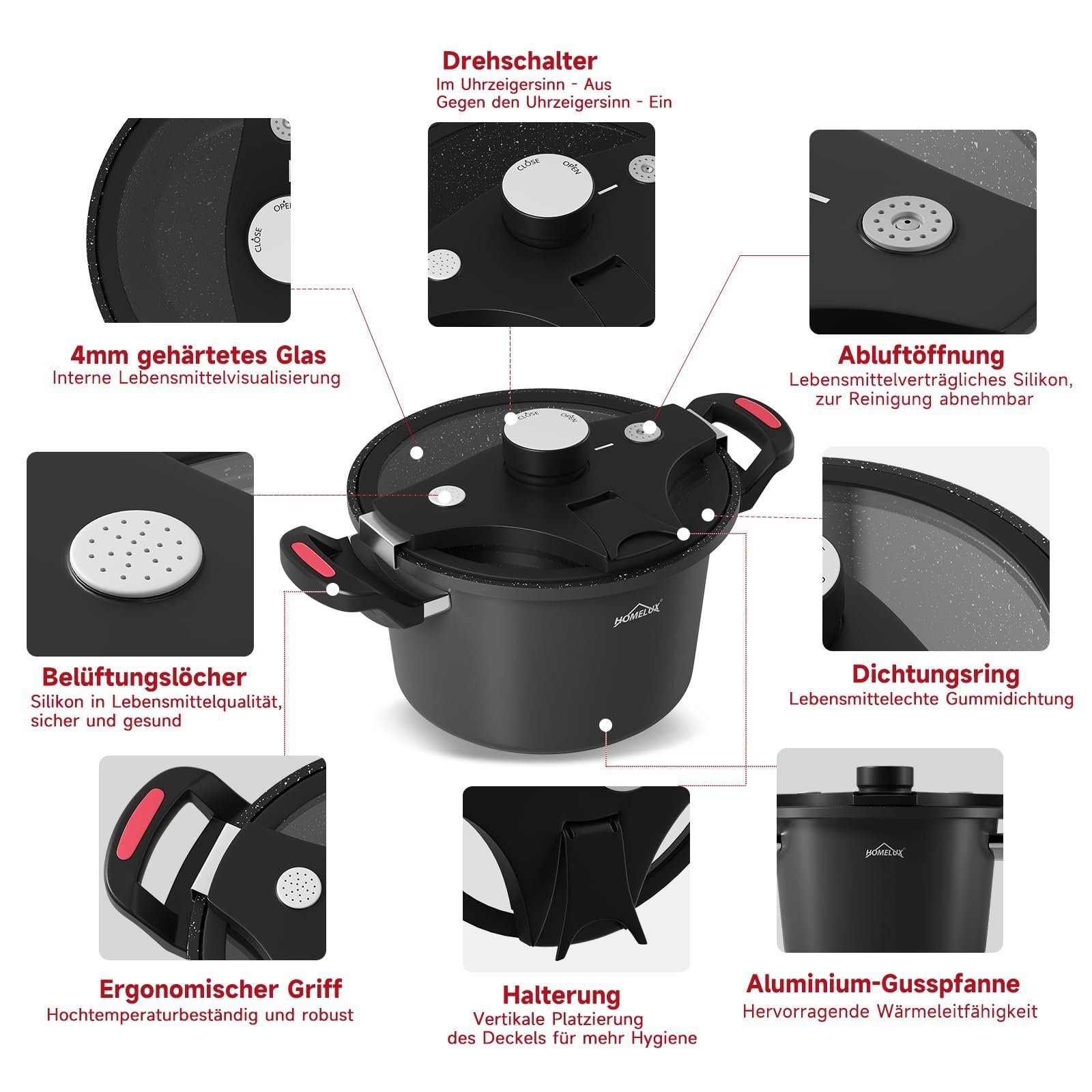 HOMELUX Schnellkochtopf Energiespartopf Ø 24 cm Kochtopf mit Niederdruck 5,5L Topf, Aluminium (Geeignet für alle Herdarten, Energieeffizient&schnell), induktionsgeeignet
