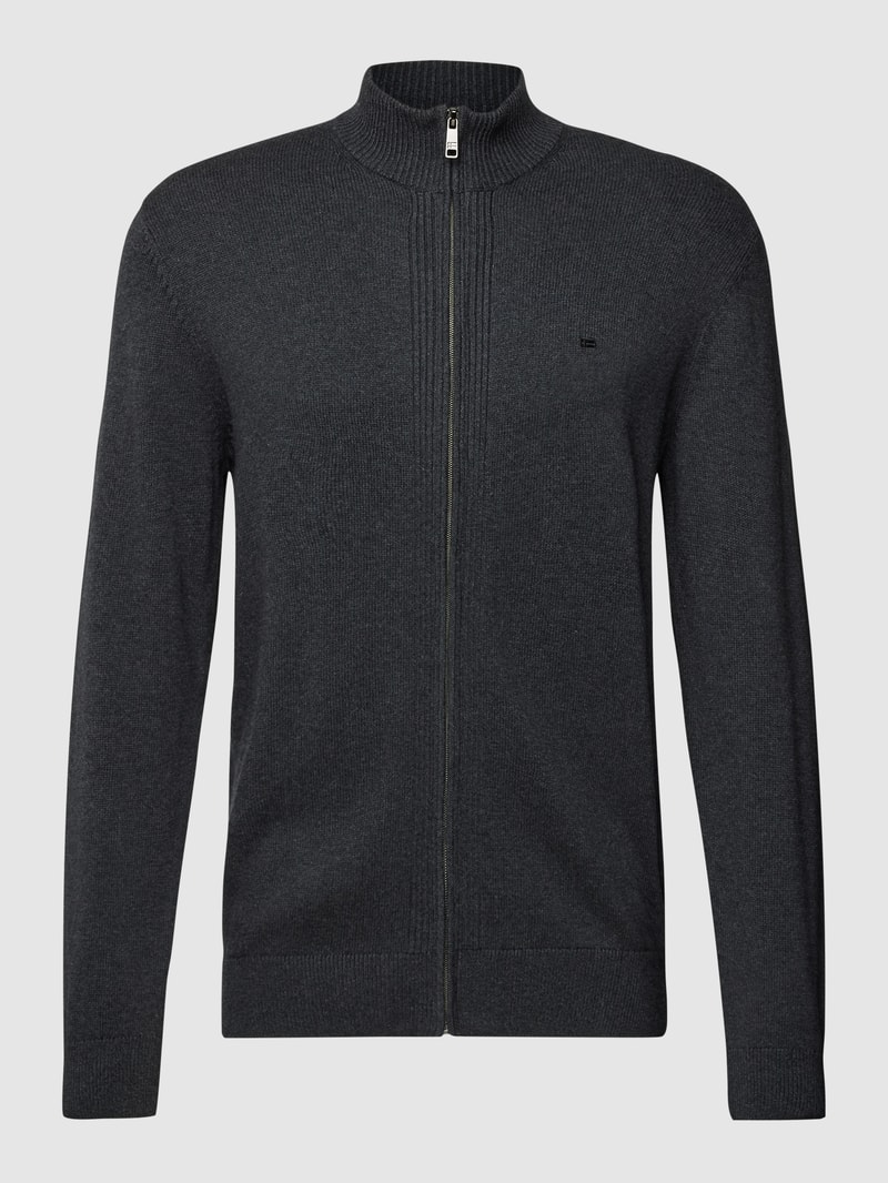 Strickjacke mit Label-Stitching in dunkelgrau meliert
