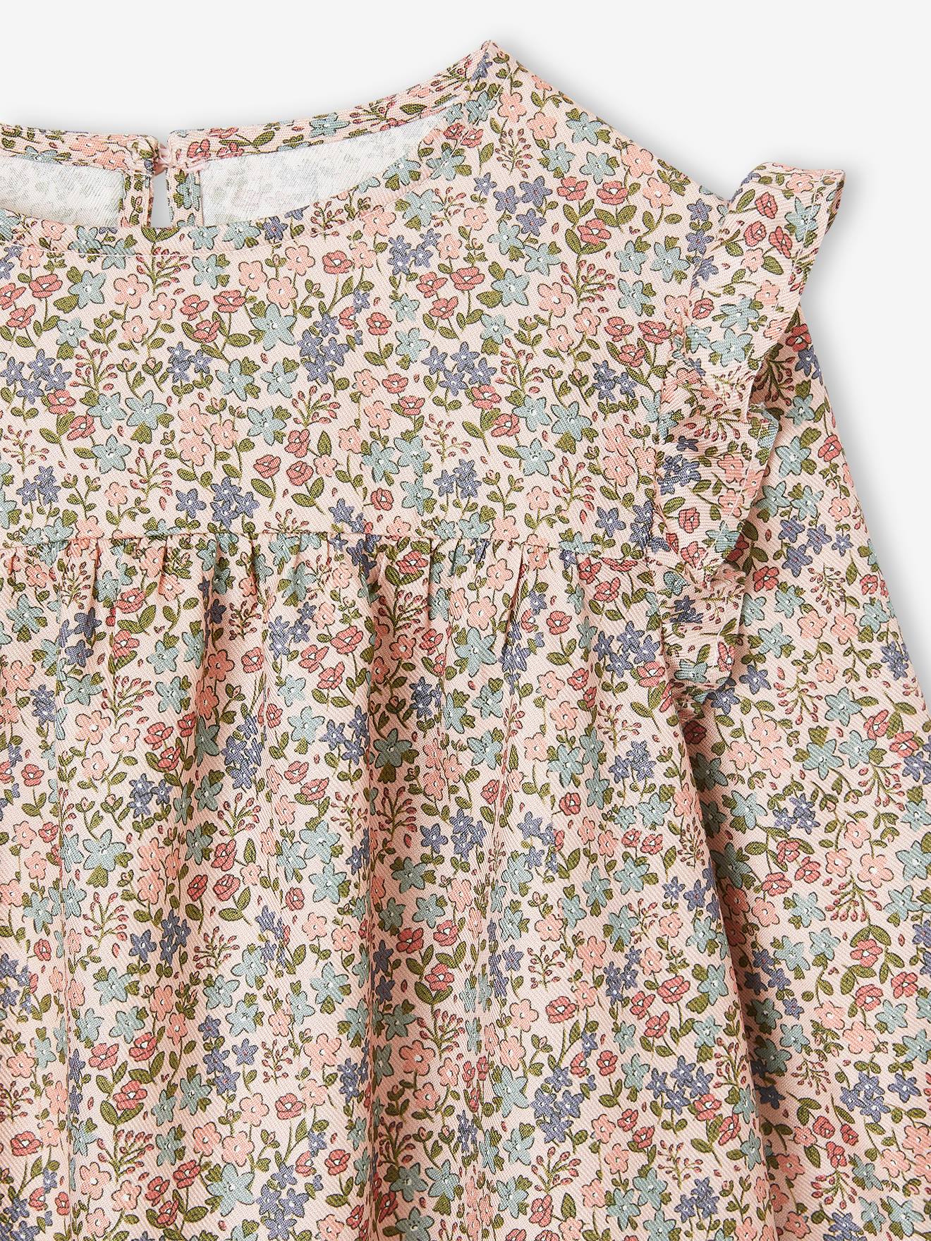 Blouse fleurie fille manches volantées bleu grisé