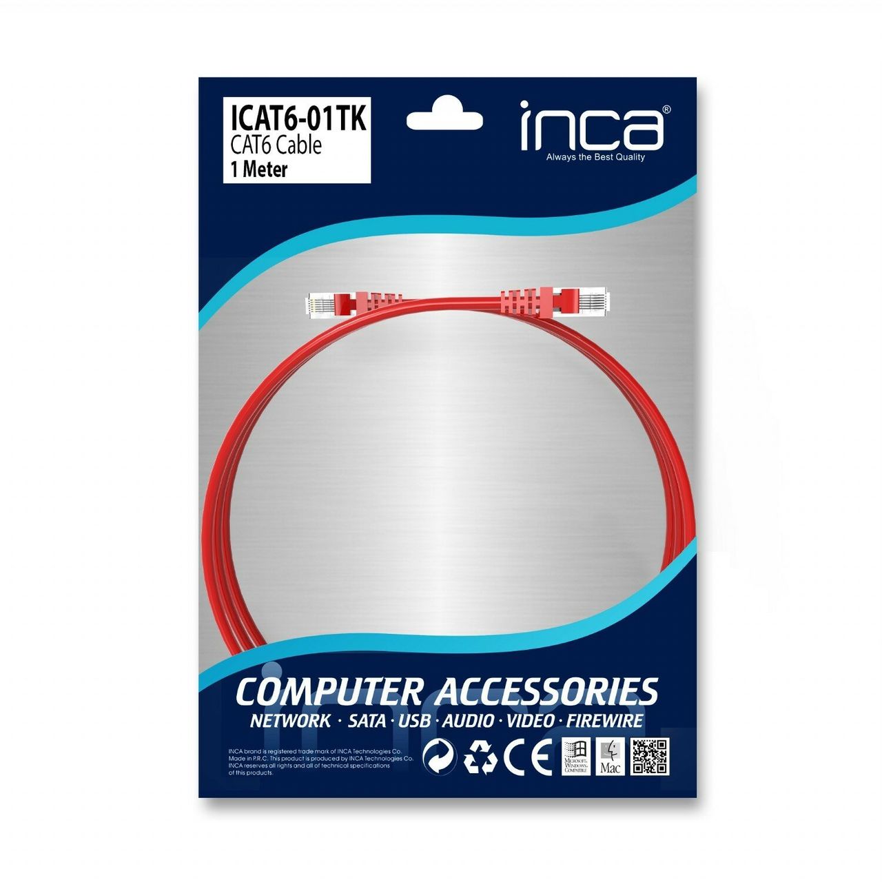 Inca ICAT6-01TK RJ45 Cat6 UTP Ethernetkabel LAN-Kabel Rot 1 Meter