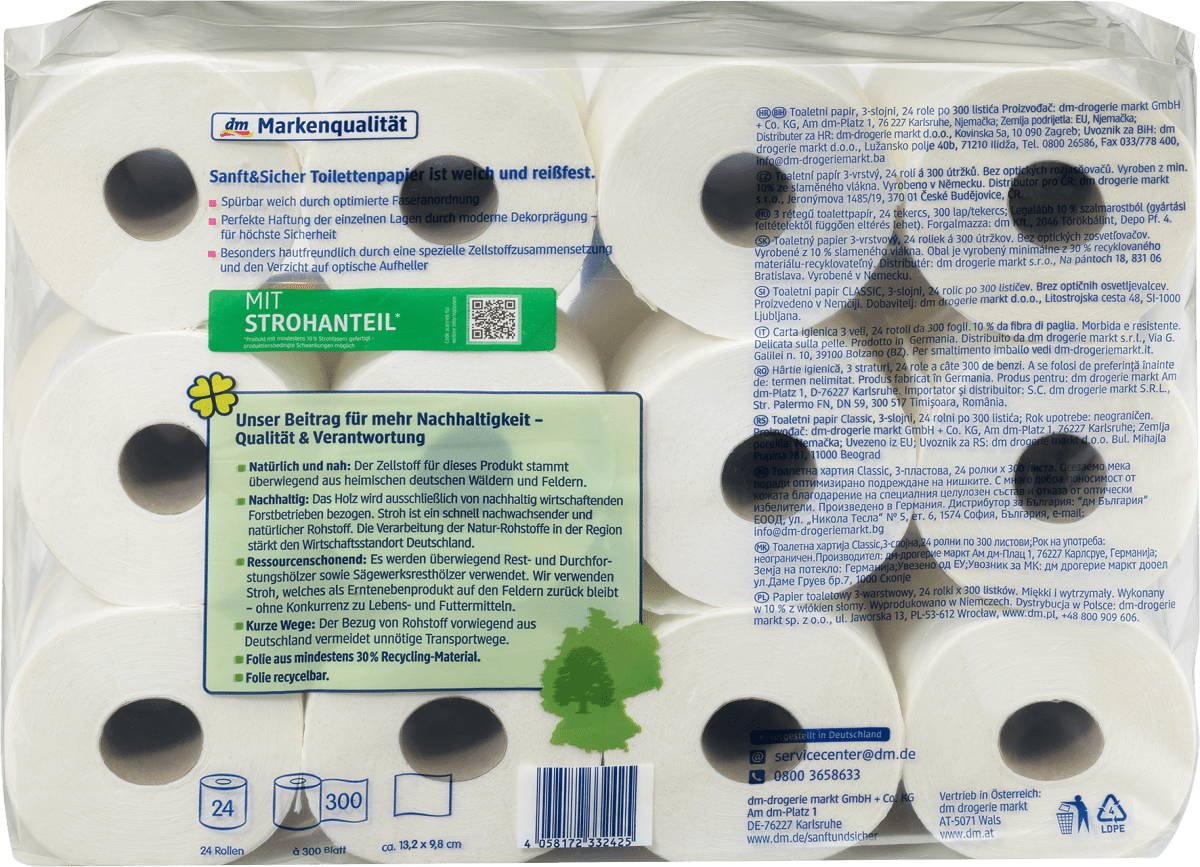 Toilettenpapier Stroh Classic 3-lagig (24x300 Blatt), 24 St
