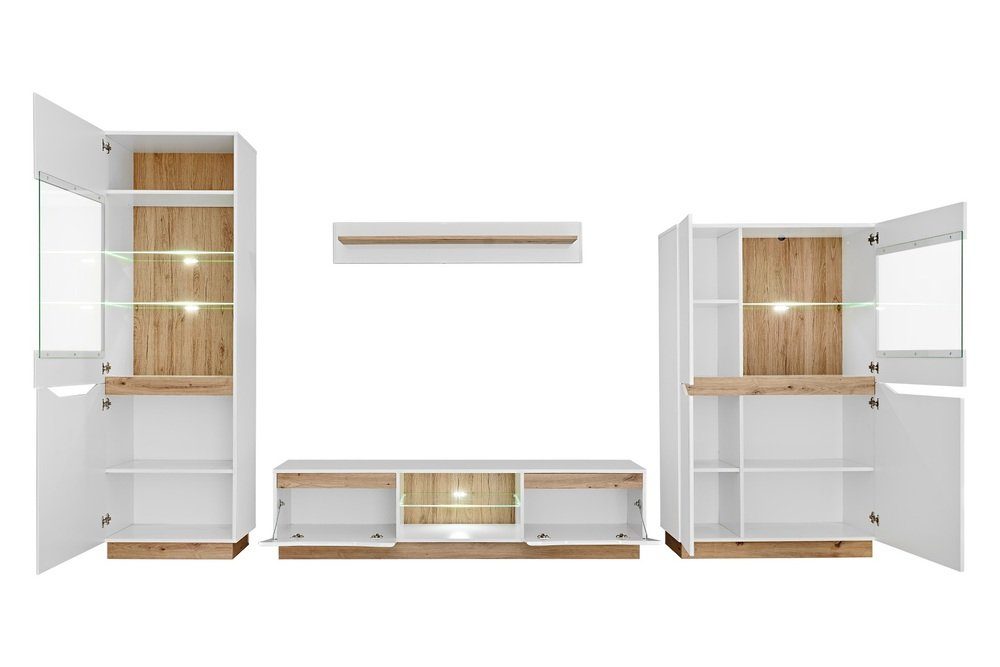 Stylefy Wohnwand Calgary Weiß, Weiß Hochglanz, (Wohnmöbel, Wohnzimmer-Set, Set (4-St), bestehend aus 2xStandvitrine, 1xLowboard, 1xWandboard, inkl. LED-Beleuchtung, mit Glaseinsatz,variabel stellbar und hängbar