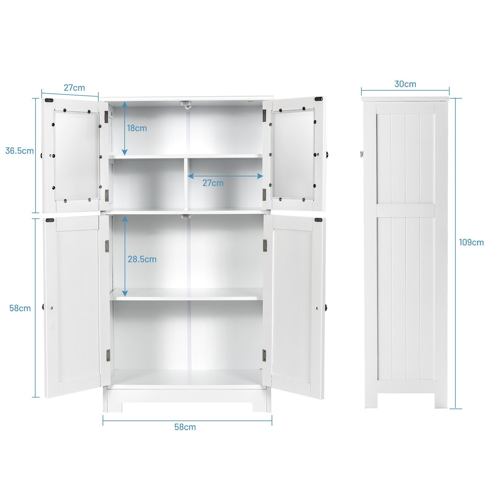 COSTWAY Mehrzweckschrank 4-türig, mit verstellbarem Regal, 58 x 30 x 109cm