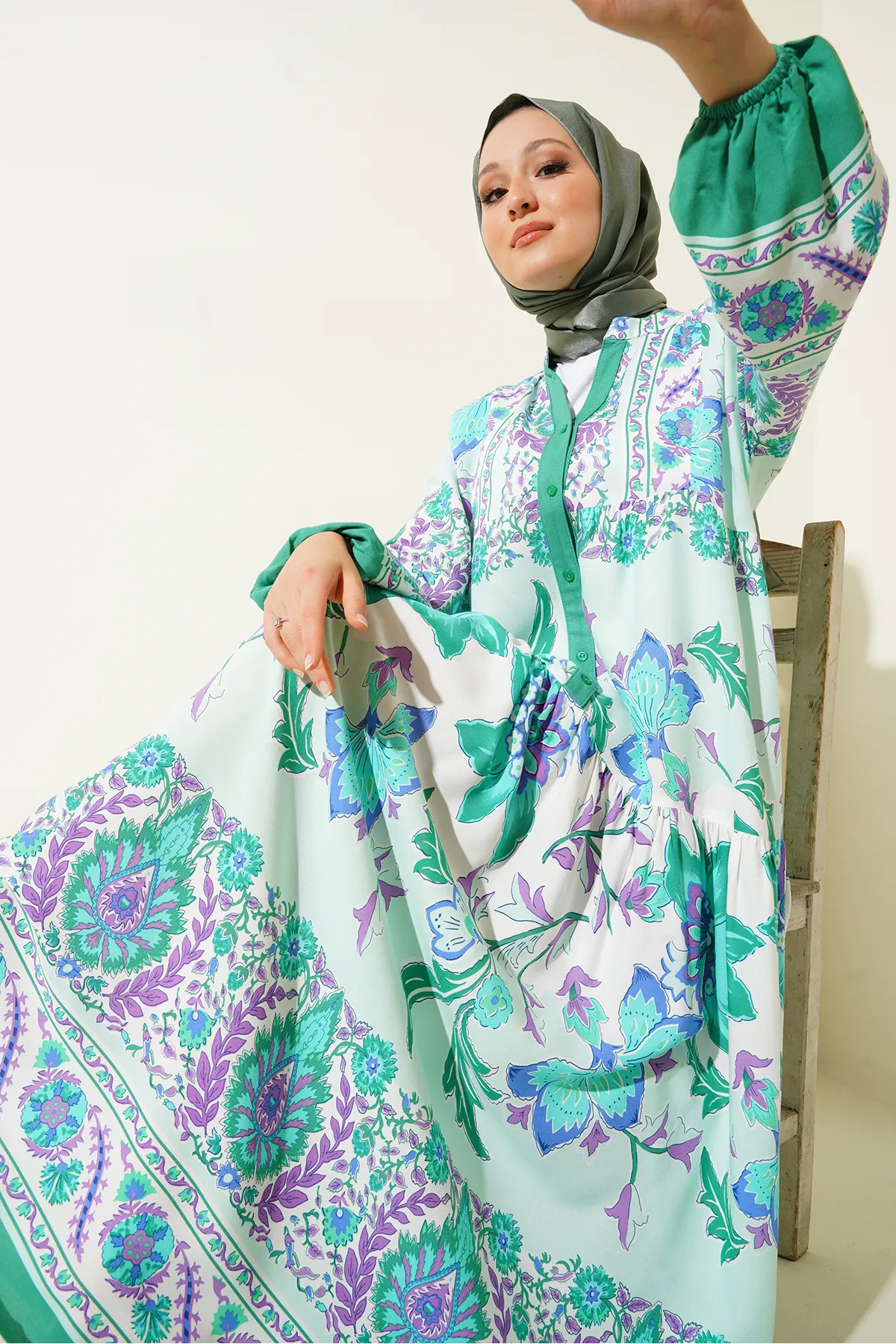 Bigdart  2423 Authentisches gemustertes Hijab-Kleid – D. Mint