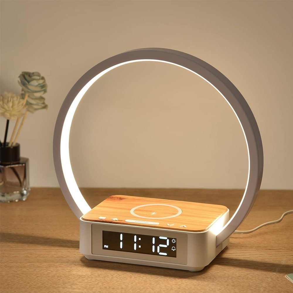 Sarfly Glockenwecker Tischlampe Wake Up Licht Wecker LED Nachttischlampe Touch Control Dimmbar,5W Wireless Charger Tischleuchte