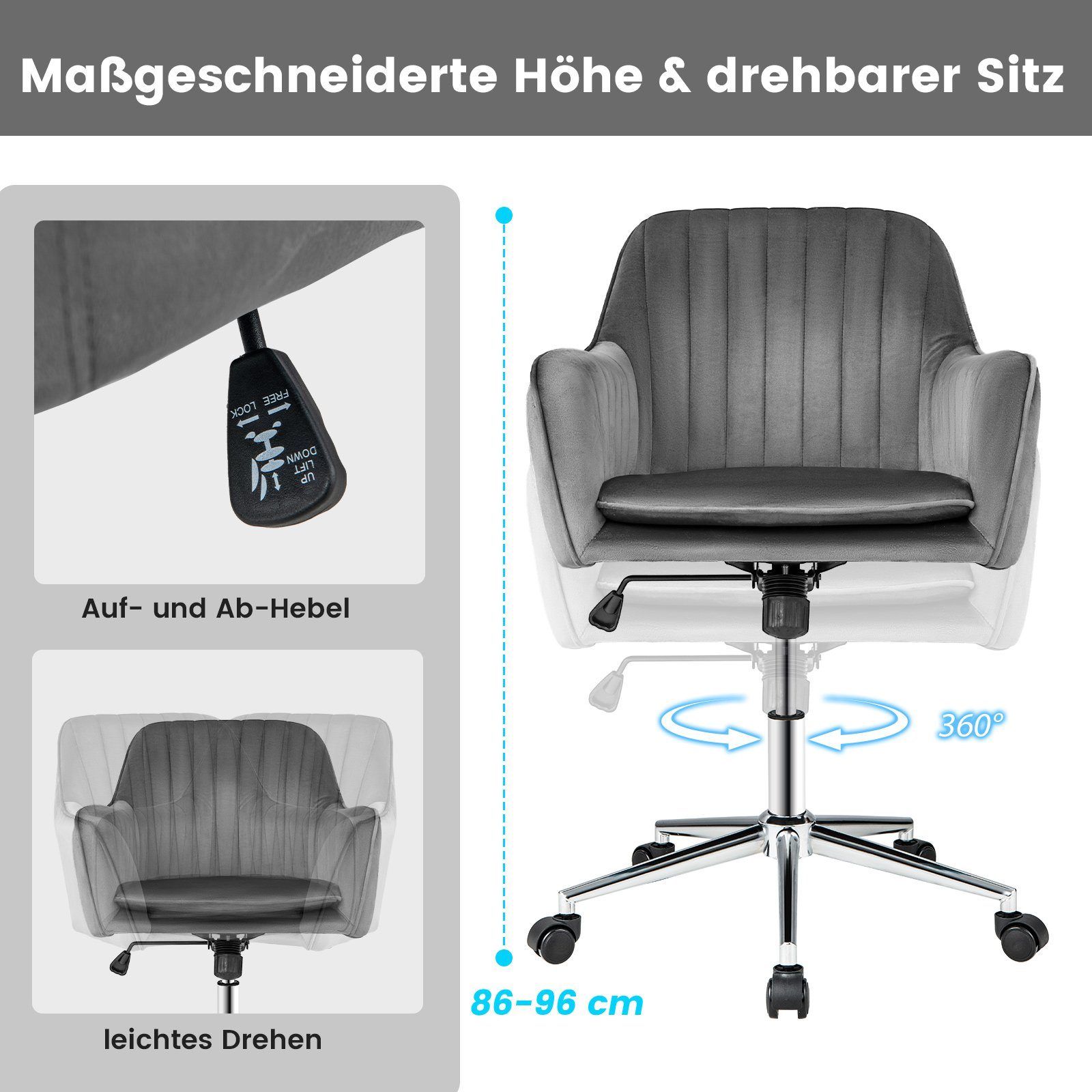 COSTWAY Bürostuhl, Samt, höhenverstellbar, drehbar, mit Armlehne, auf Rollen