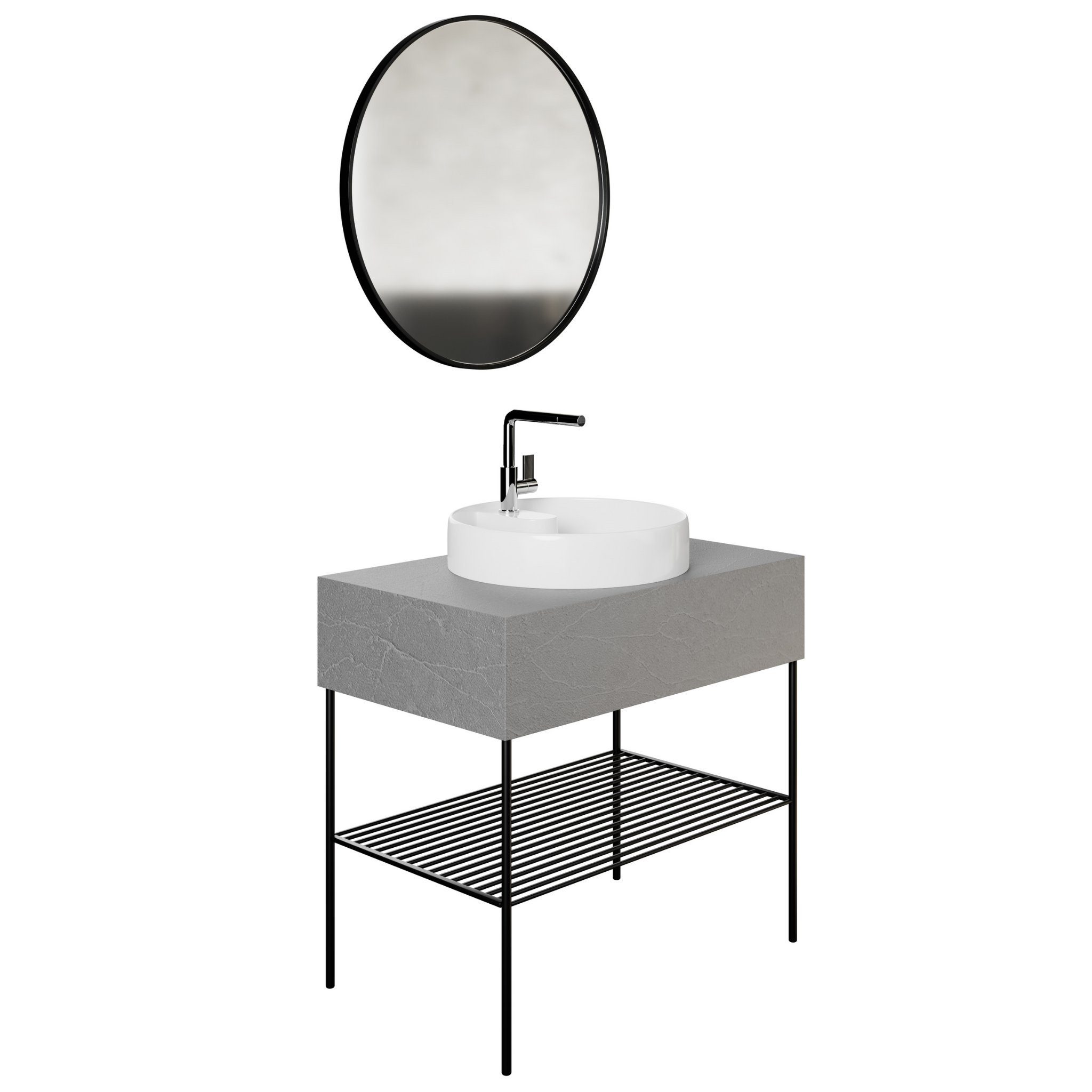 Karen Badezimmer-Set Rock, (Komplett-Set, Standartmäßig 3-Teilig (Waschtisch, Spiegelschrank, Waschbecken), Der Lieferumfang umfasst Waschtisch, Spiegel und Waschbecken), Sportliches Design, Farbe Wolkengrau, einfacher Zusammenbau