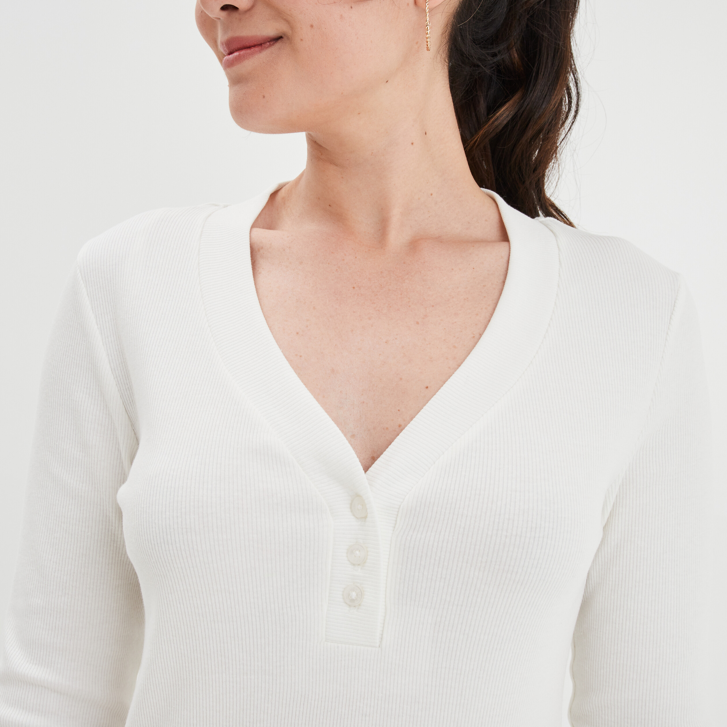 T-shirt côtelé col tunisien Creeks blanc femme | La Halle