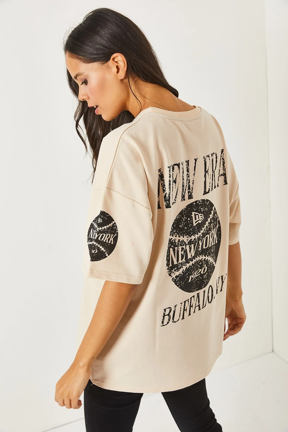 Olalook  Newyork Beige vorne und hinten bedrucktes 2-Faden-Unisex-Oversize-T-Shirt TSH-19000696
