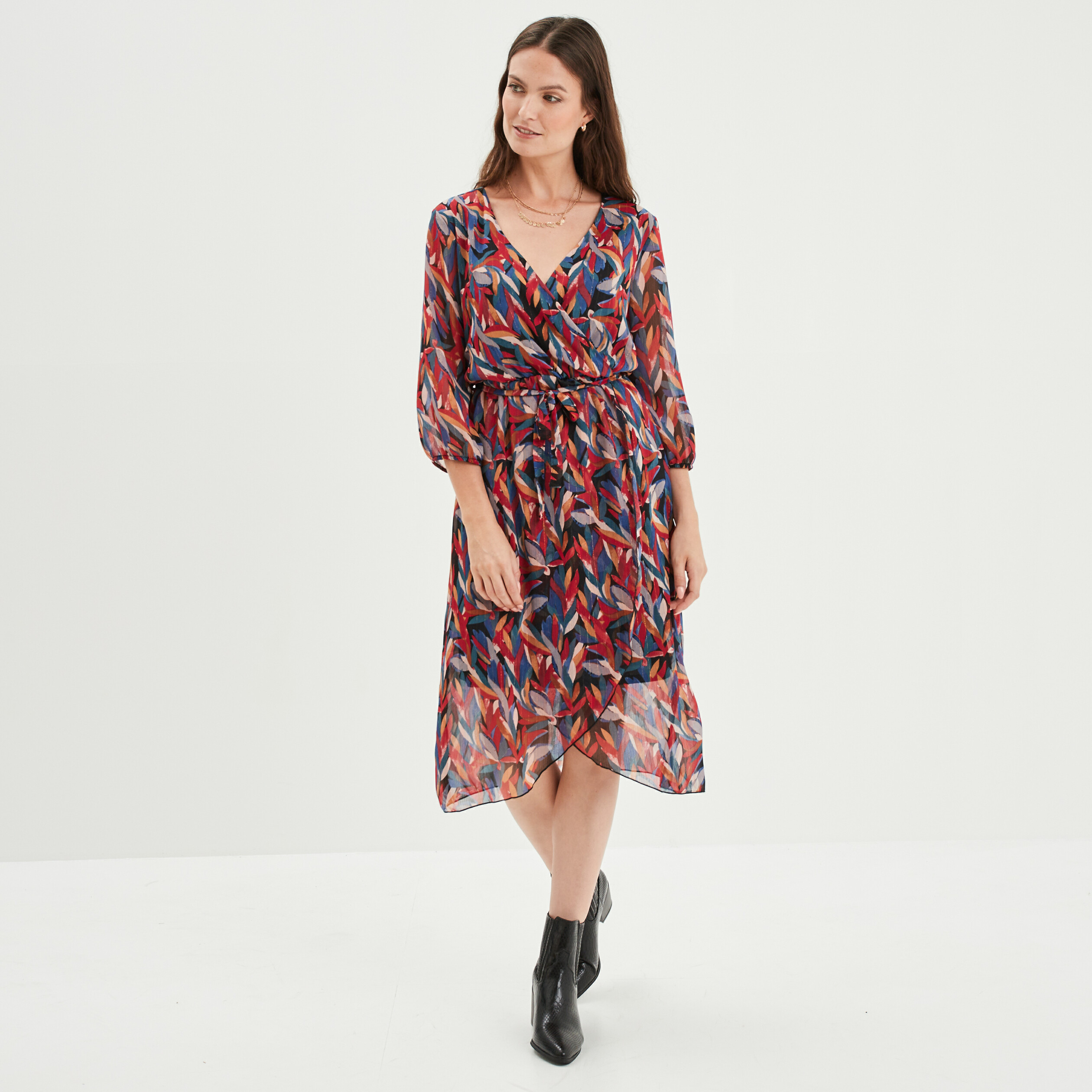 Robe midi fluide col cache-coeur noir femme | La Halle
