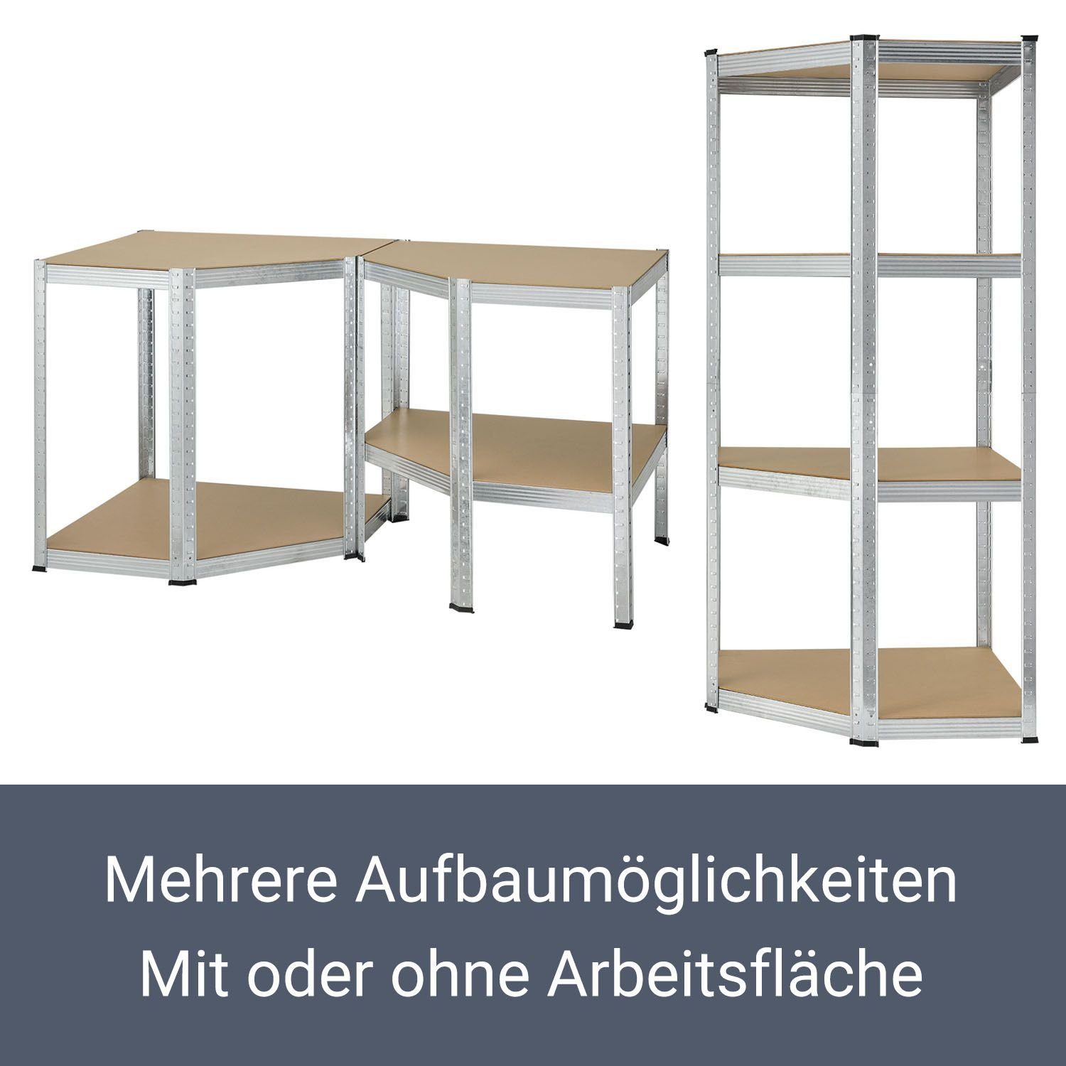 Juskys Eckregal Corner Easy, 1-tlg., Schwerlastregal aus verzinktem Metall mit 4 Einlegeböden