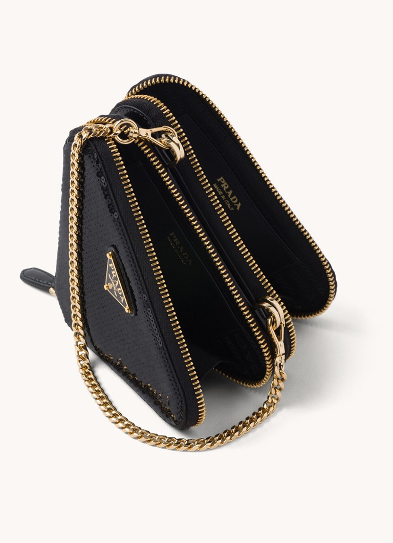 Prada Triangular mini crossbody bag with leather details and sequins