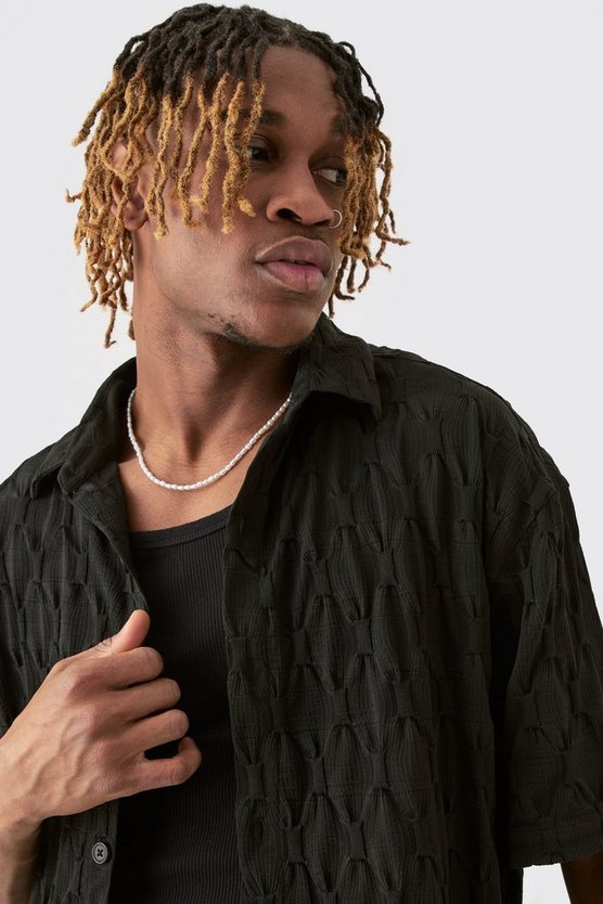 Tall kurzärmliges Oversize Jacquard Hemd in Schwarz