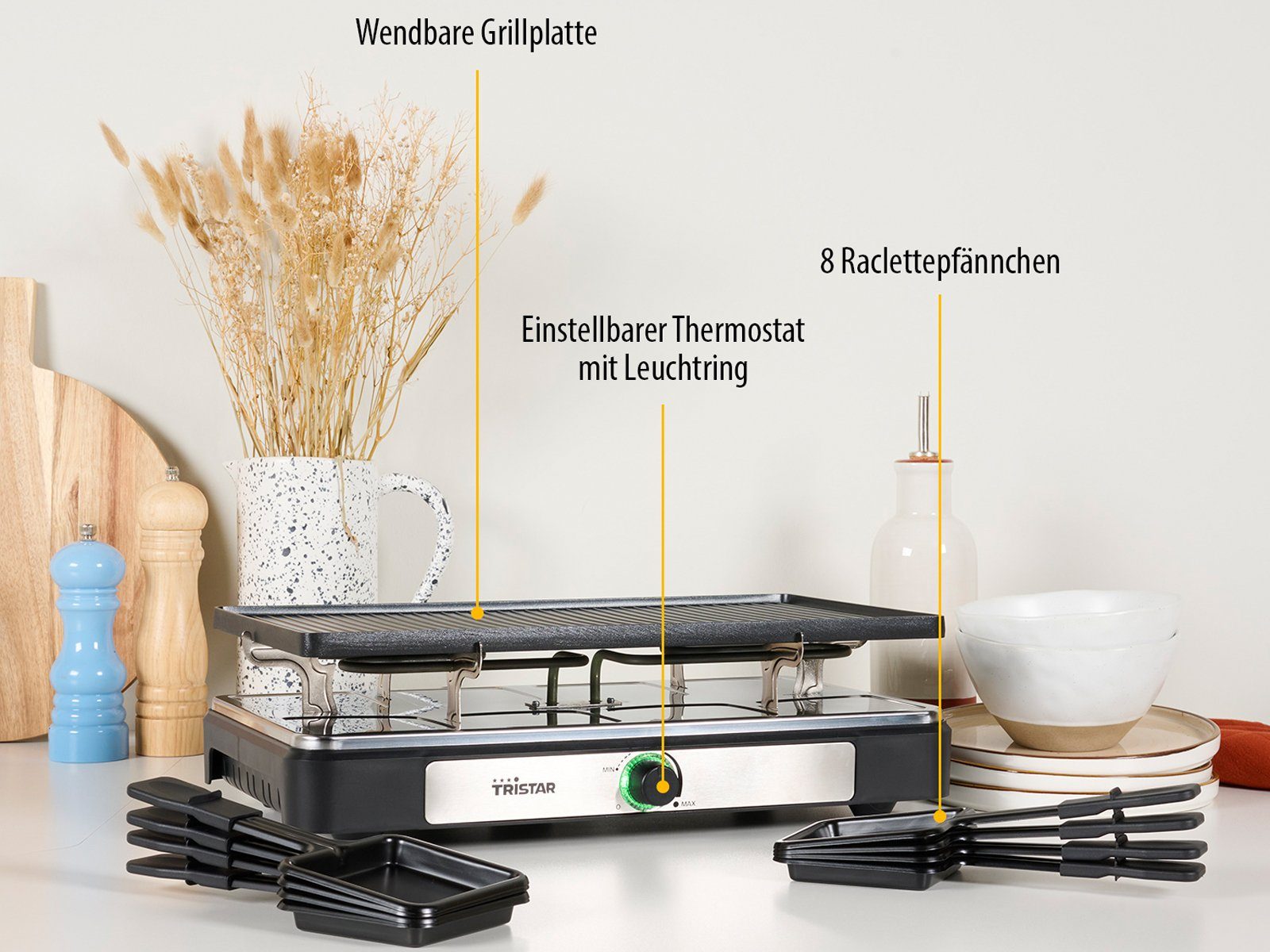 Tristar Raclette, 1400 W, Gerät für 2-8 Personen Tischgrill Grillplatte wendbar Camping geeignet