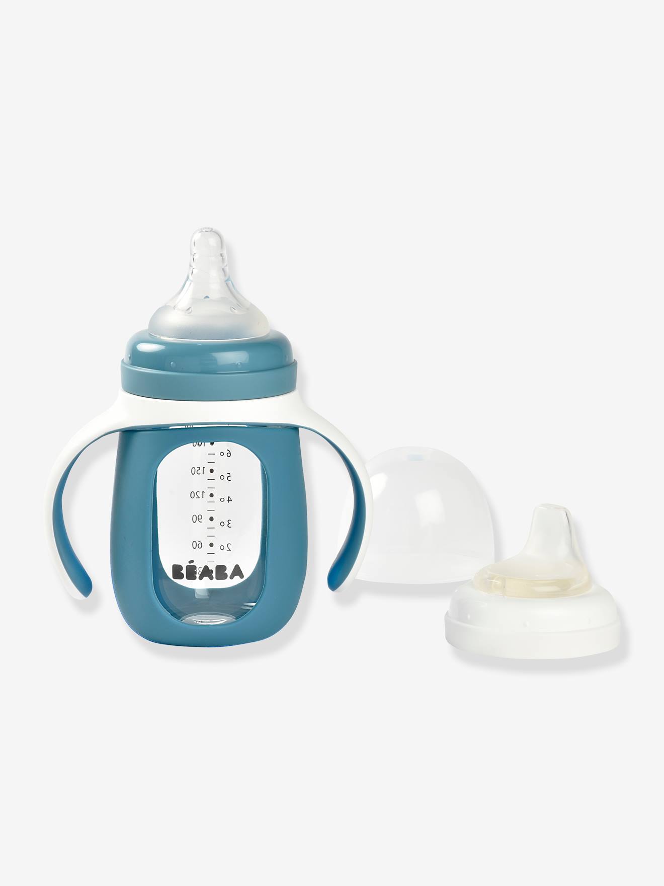 Biberon/tasse d'apprentissage 2 en 1 BEABA en verre (210 ml) bleu